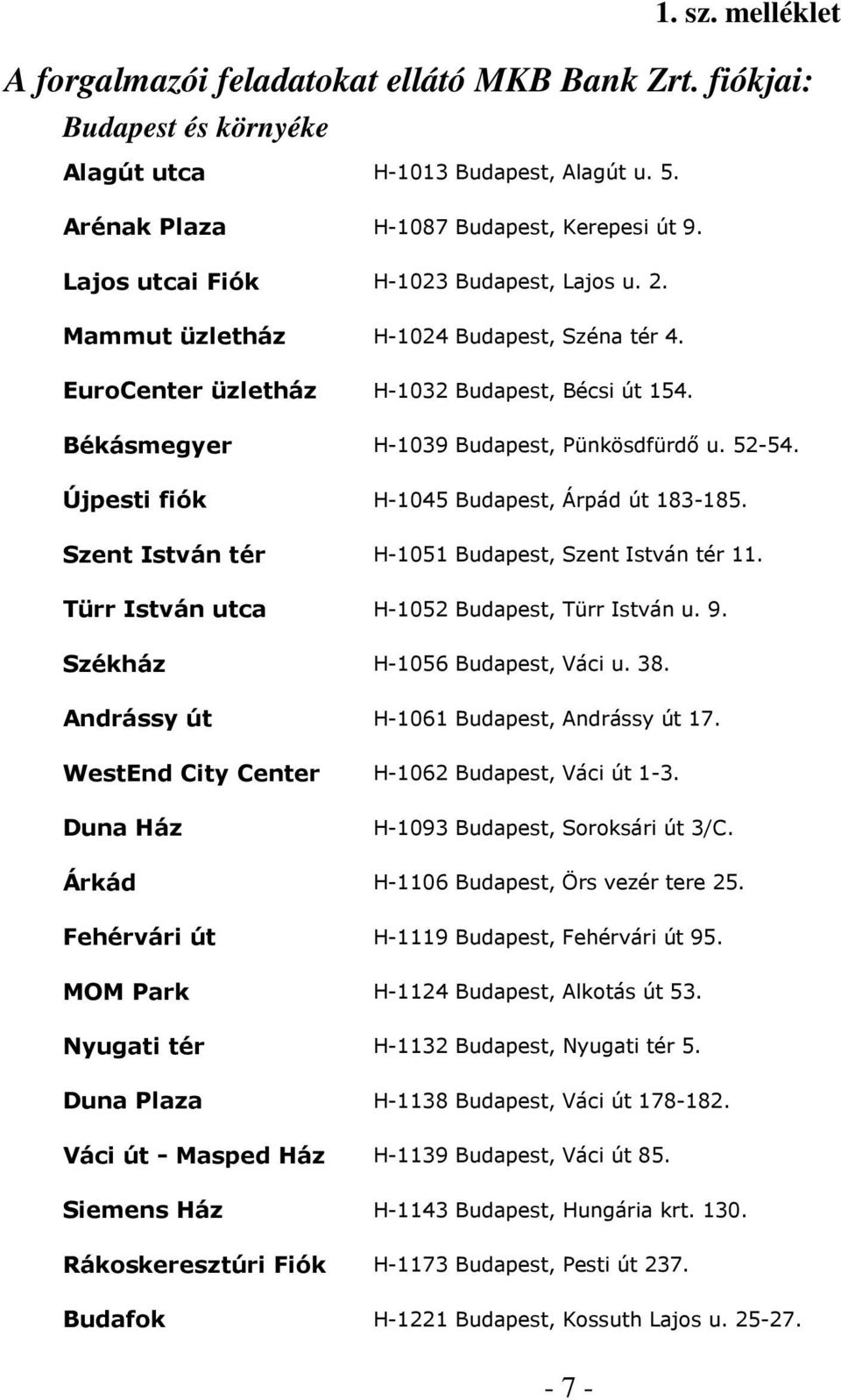 Újpesti fiók H-1045 Budapest, Árpád út 183-185. Szent István tér H-1051 Budapest, Szent István tér 11. Türr István utca H-1052 Budapest, Türr István u. 9. Székház H-1056 Budapest, Váci u. 38.