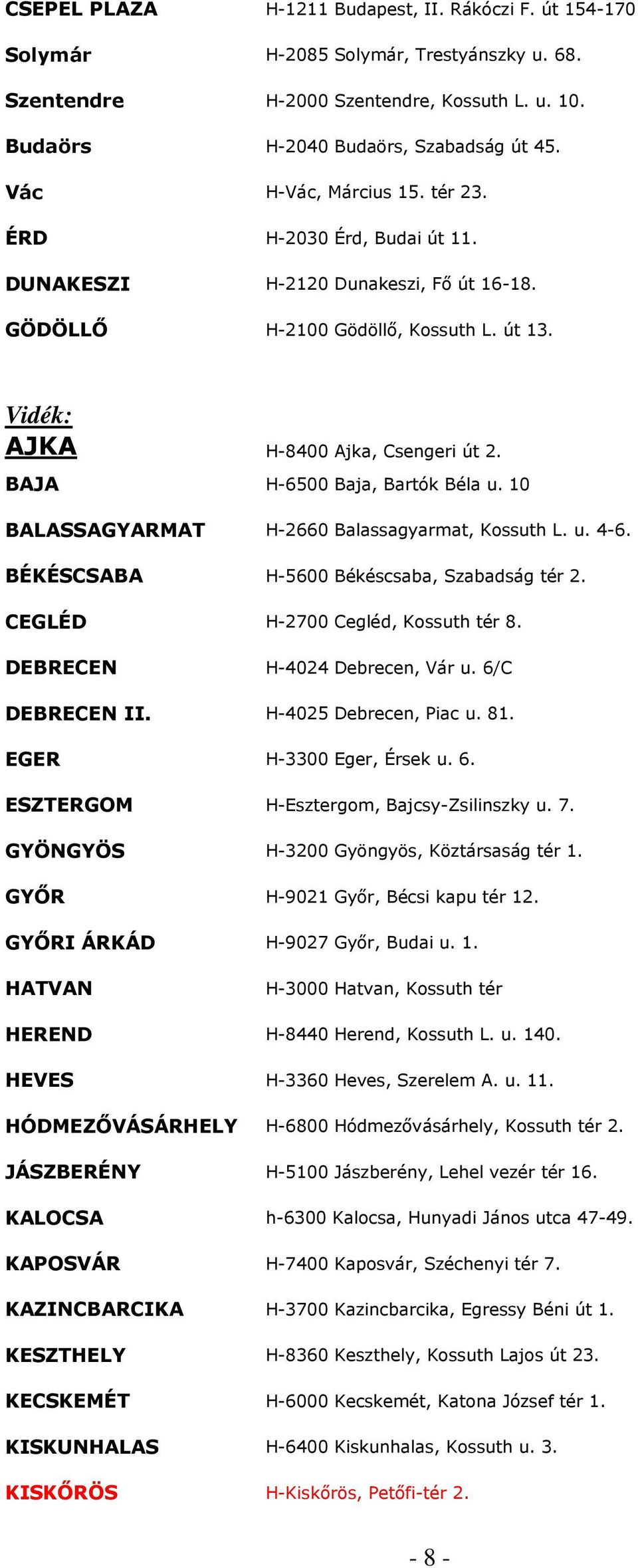 BAJA H-6500 Baja, Bartók Béla u. 10 BALASSAGYARMAT H-2660 Balassagyarmat, Kossuth L. u. 4-6. BÉKÉSCSABA H-5600 Békéscsaba, Szabadság tér 2. CEGLÉD H-2700 Cegléd, Kossuth tér 8.