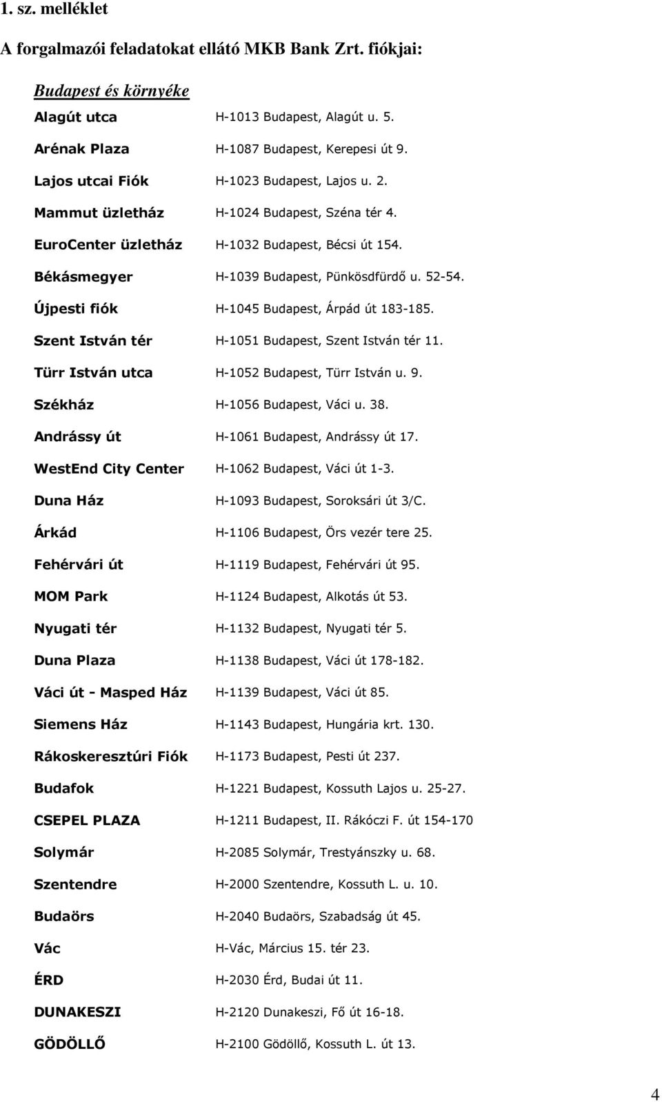 Újpesti fiók H-1045 Budapest, Árpád út 183-185. Szent István tér H-1051 Budapest, Szent István tér 11. Türr István utca H-1052 Budapest, Türr István u. 9. Székház H-1056 Budapest, Váci u. 38.