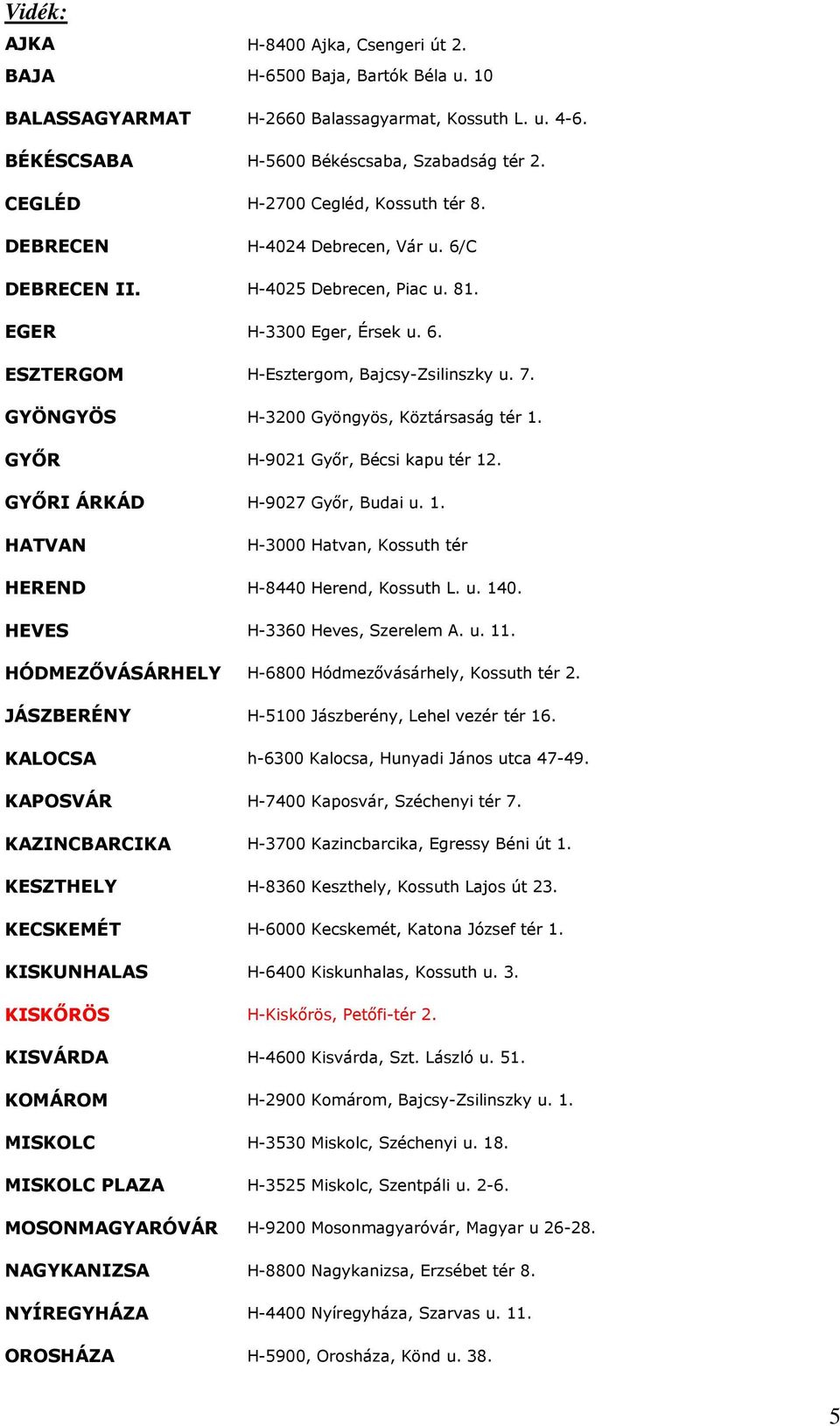 GYÖNGYÖS H-3200 Gyöngyös, Köztársaság tér 1. GYİR H-9021 Gyır, Bécsi kapu tér 12. GYİRI ÁRKÁD H-9027 Gyır, Budai u. 1. HATVAN H-3000 Hatvan, Kossuth tér HEREND H-8440 Herend, Kossuth L. u. 140.