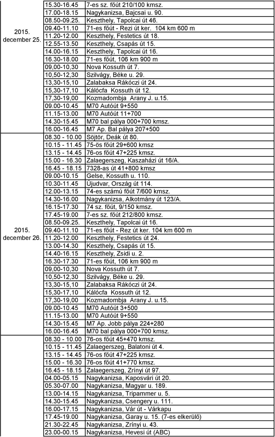 10,50-12,30 Szilvágy, Béke u. 29. 13,30-15,10 Zalabaksa Rákóczi út 24. 15,30-17,10 Kálócfa Kossuth út 12. 17,30-19,00 Kozmadombja Arany J. u.15. 09.00-10.45 M70 Autóút 9+550 11.15-13.