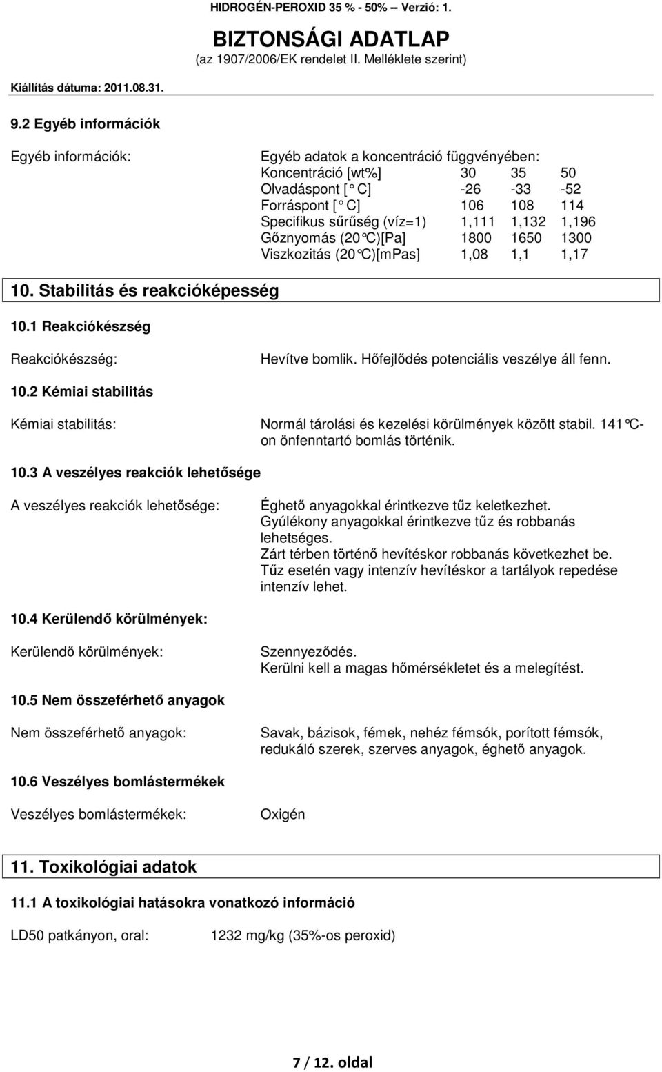 Hőfejlődés potenciális veszélye áll fenn. 10.2 Kémiai stabilitás Kémiai stabilitás: Normál tárolási és kezelési körülmények között stabil. 141 Con önfenntartó bomlás történik. 10.3 A veszélyes reakciók lehetősége A veszélyes reakciók lehetősége: Éghető anyagokkal érintkezve tűz keletkezhet.