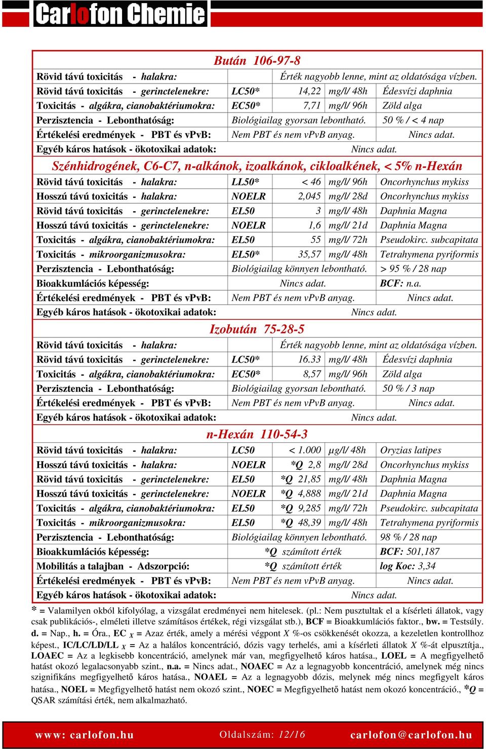 gyorsan lebontható. 50 % / < 4 nap Értékelési eredmények - PBT és vpvb: Nem PBT és nem vpvb anyag. Nincs adat. Egyéb káros hatások - ökotoxikai adatok: Nincs adat.