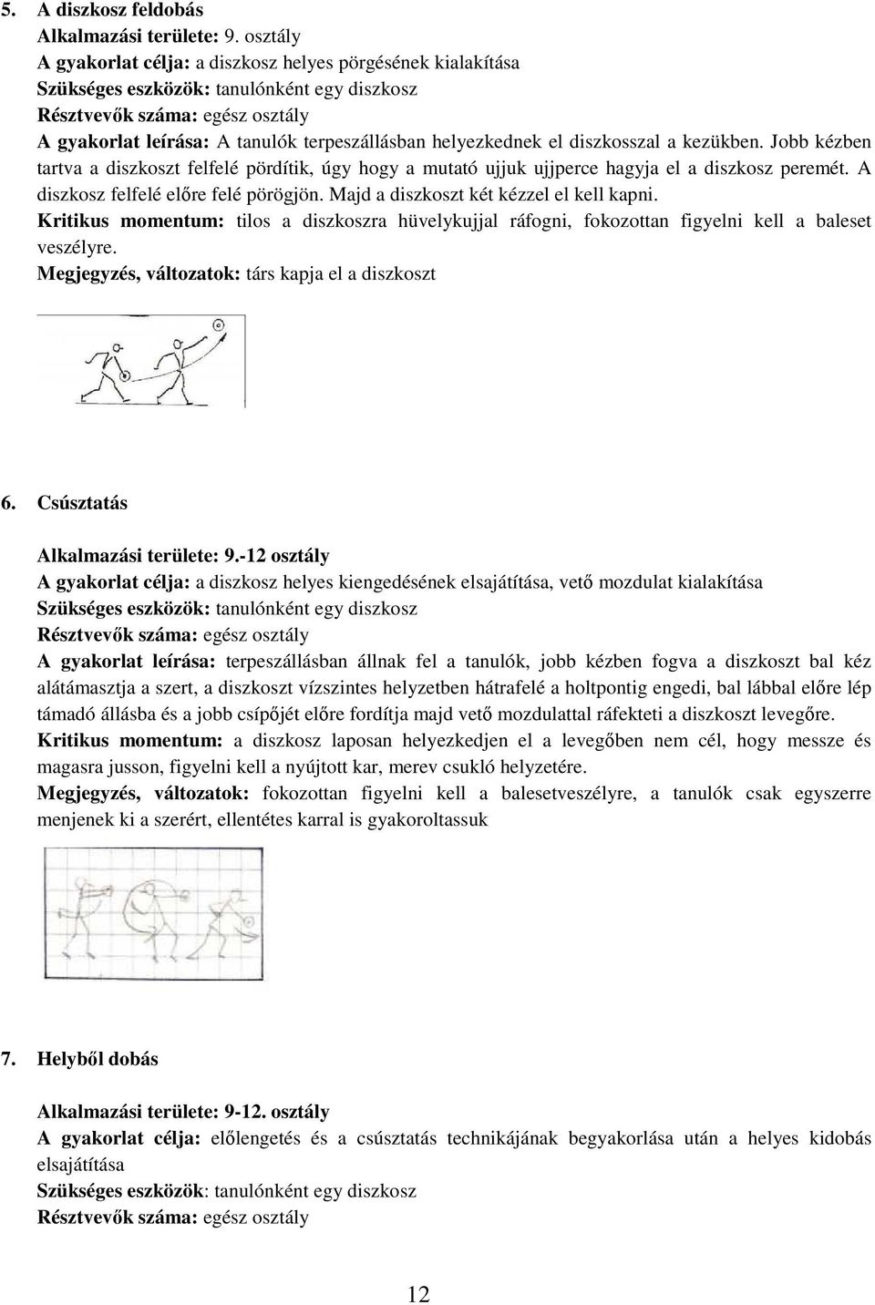 helyezkednek el diszkosszal a kezükben. Jobb kézben tartva a diszkoszt felfelé pördítik, úgy hogy a mutató ujjuk ujjperce hagyja el a diszkosz peremét. A diszkosz felfelé előre felé pörögjön.