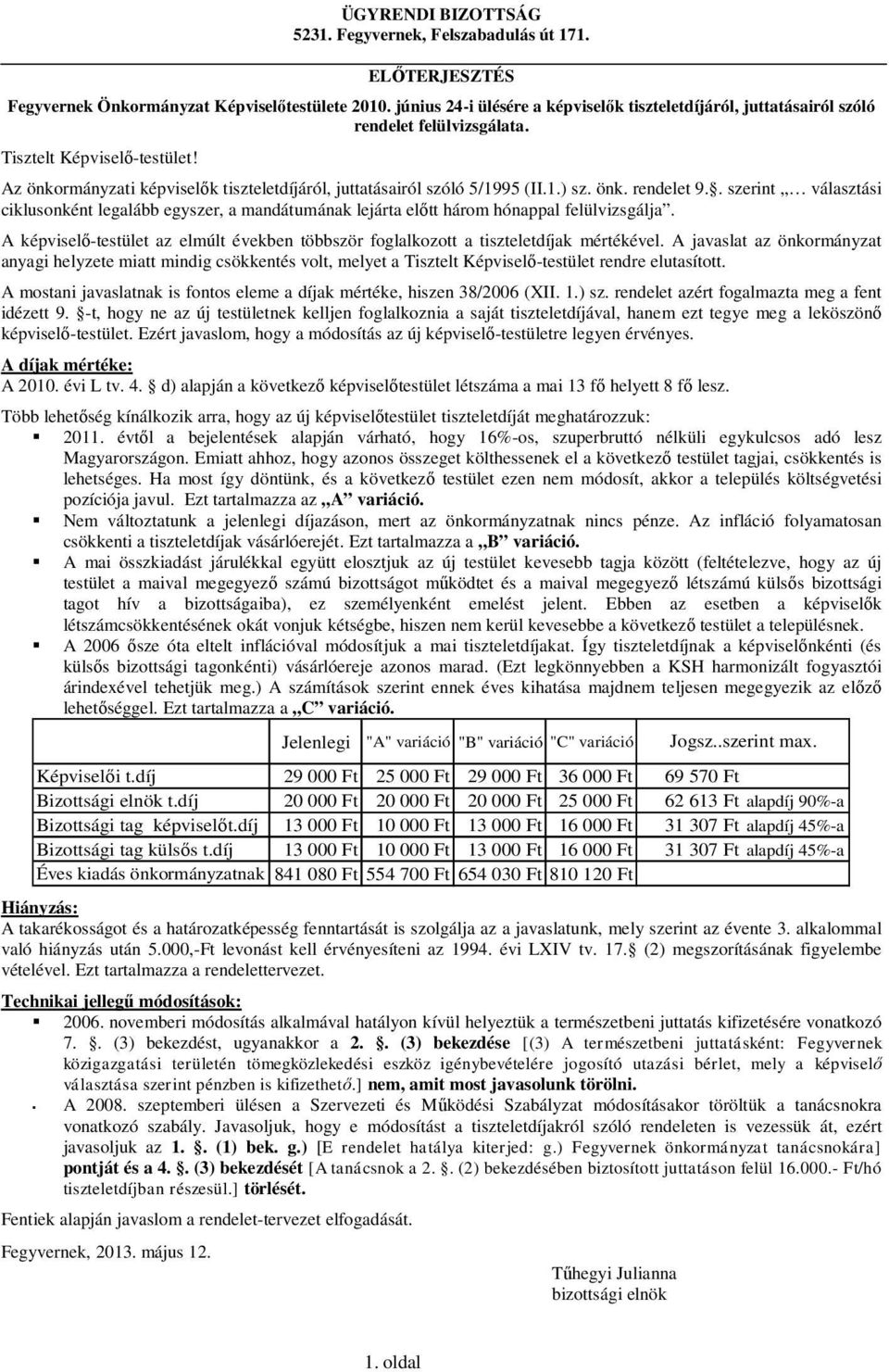 Az önkormányzati képviselők tiszteletdíjáról, juttatásairól szóló 5/1995 (II.1.) sz. önk. rendelet 9.