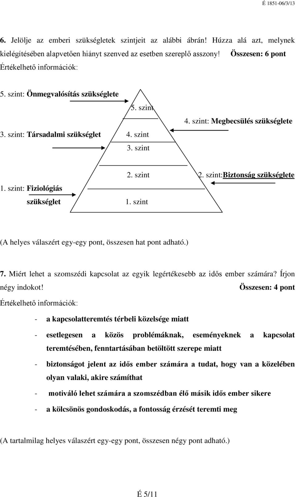 szint: Biztonság szükséglete 1. szint (A helyes válaszért egy-egy pont, összesen hat pont adható.) 7. Miért lehet a szomszédi kapcsolat az egyik legértékesebb az idős ember számára?