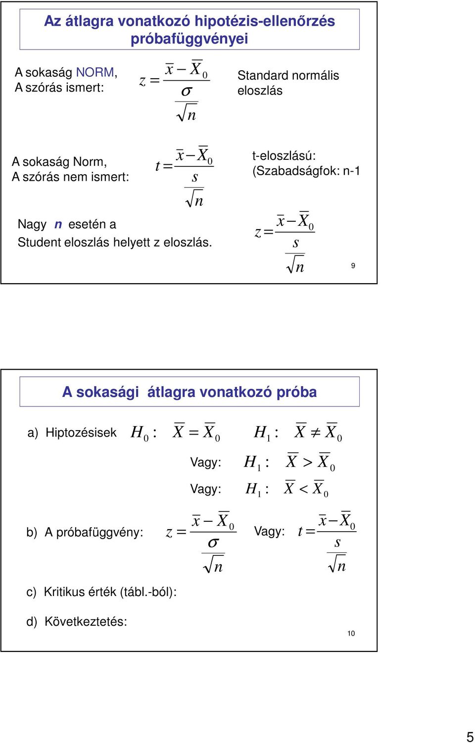 t-eloszlású: (Szabadságfok: -1 s z 9 A sokasági átlagra voatkozó próba a) Hiptozésisek H b) A próbafüggvéy: