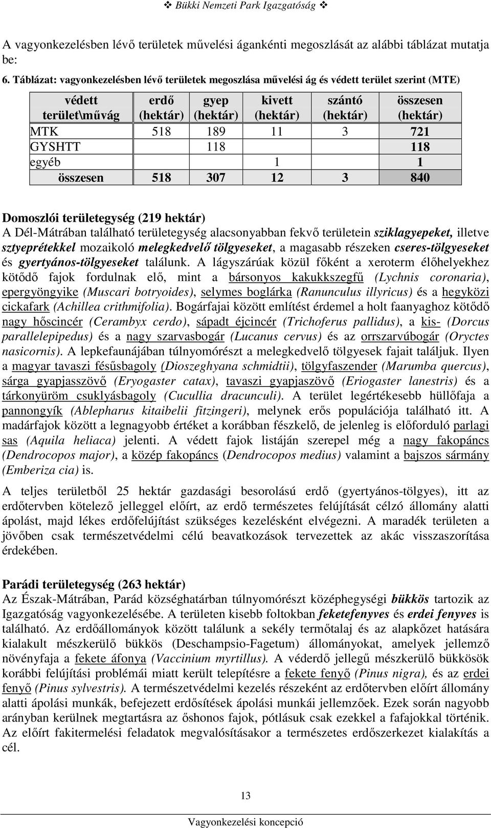 518 189 11 3 721 GYSHTT 118 118 egyéb 1 1 összesen 518 307 12 3 840 Domoszlói területegység (219 hektár) A Dél-Mátrában található területegység alacsonyabban fekvı területein sziklagyepeket, illetve