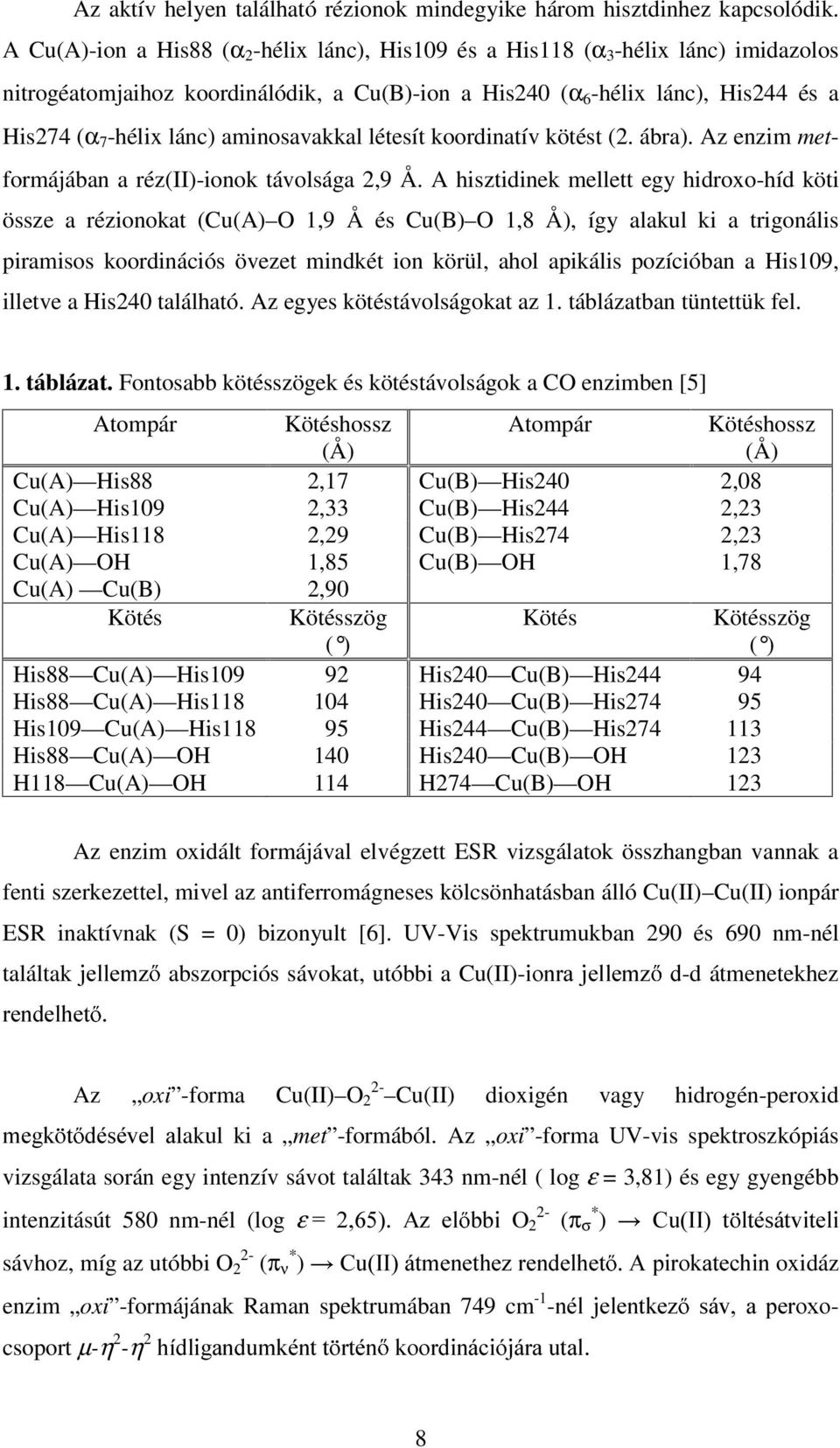 aminosavakkal létesít koordinatív kötést (2. ábra). Az enzim metformájában a réz(ii)-ionok távolsága 2,9 Å.