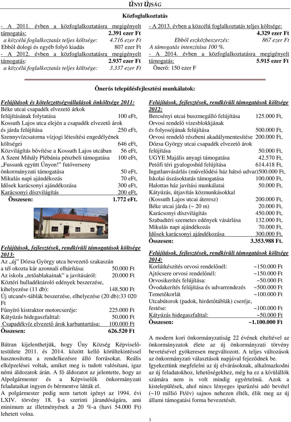 évben a közfoglalkoztatásra megigényelt - A 2014. évben a közfoglalkoztatásra megigényelt támogatás: 2.937 ezer Ft támogatás: 5.915 ezer Ft a közcélú foglalkoztatás teljes költsége: 3.