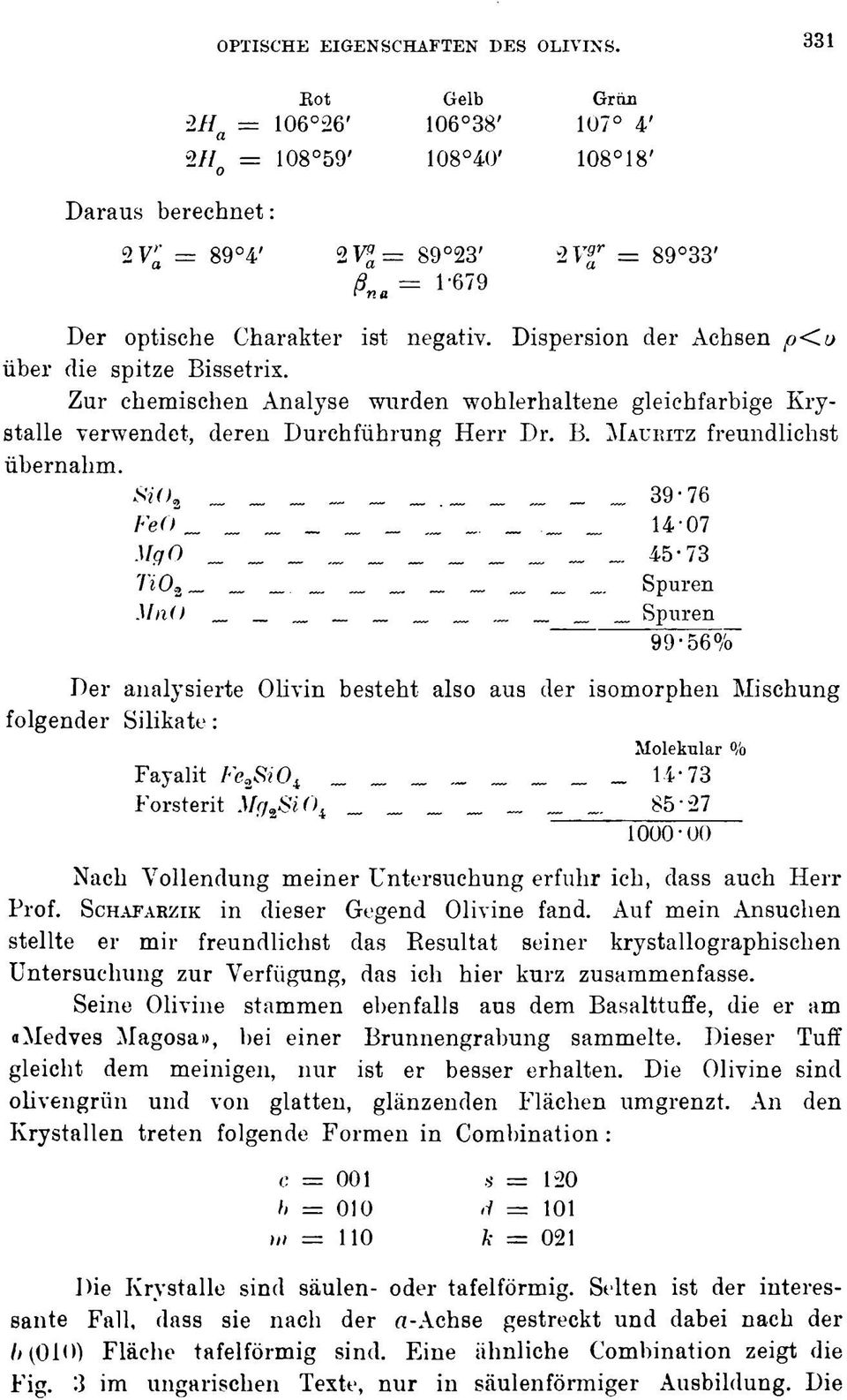 Dispersion der Achsen p<u über die spitze Bissetrix. Zur chemischen Analyse wurden wohlerhaltene gleichfarbige Krystalle verwendet, deren Durchführung Herr Dr. B. MAURITZ freundlichst übernahm.