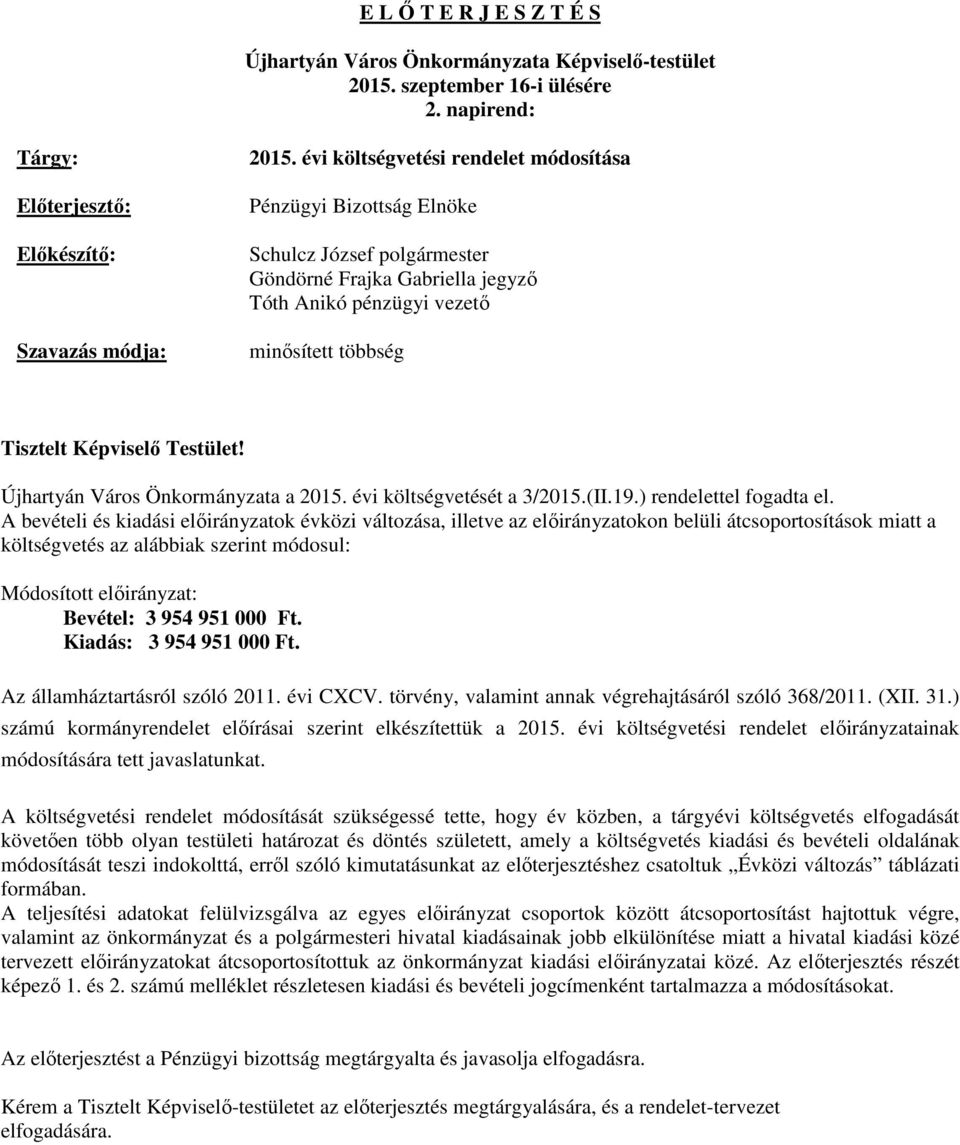 Újhartyán Város Önkormányzata a 2015. évi költségvetését a 3/2015.(II.19.) rendelettel fogadta el.