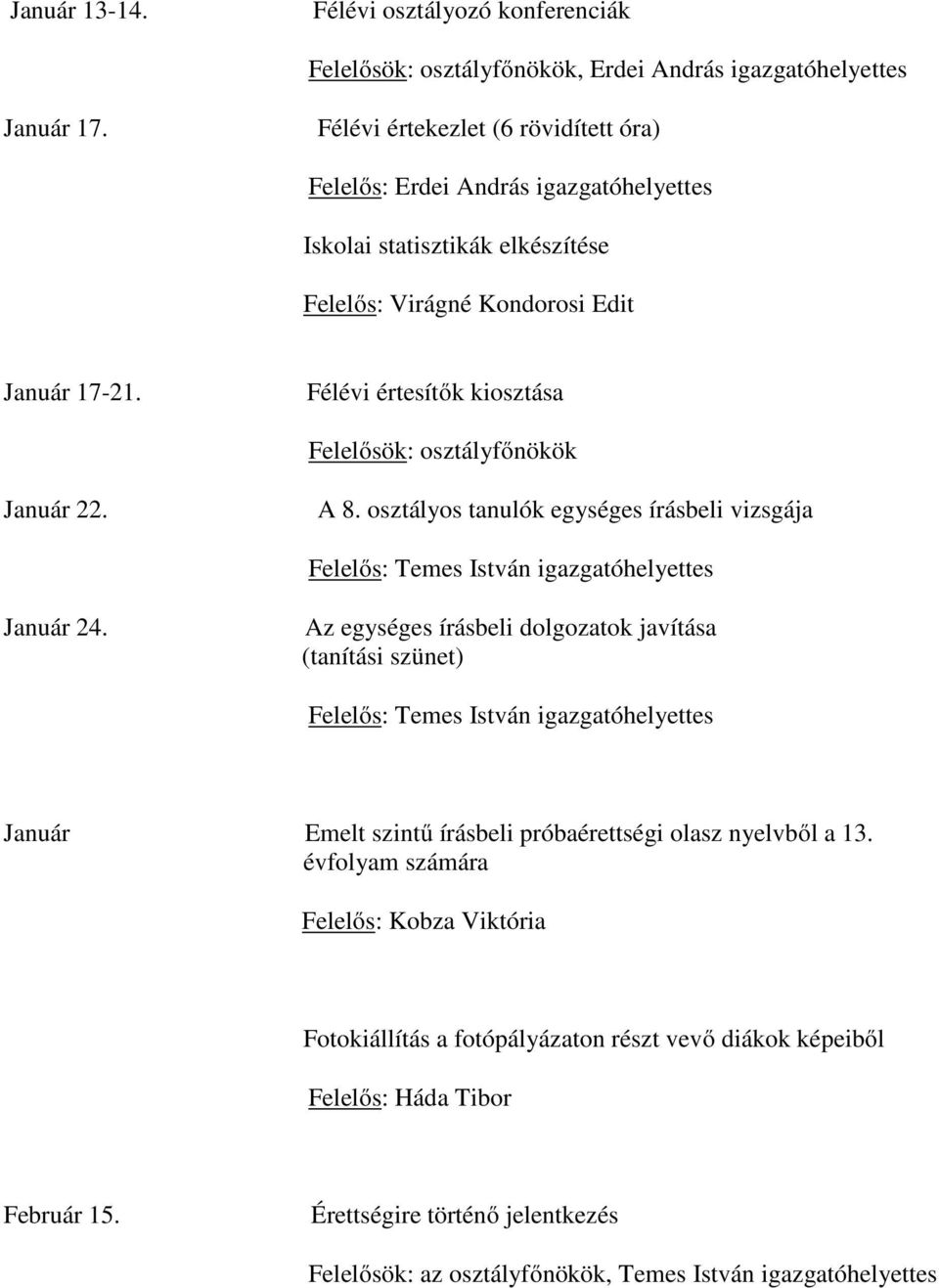 Félévi értesítők kiosztása Felelősök: osztályfőnökök Január 22. A 8. osztályos tanulók egységes írásbeli vizsgája Felelős: Temes István igazgatóhelyettes Január 24.