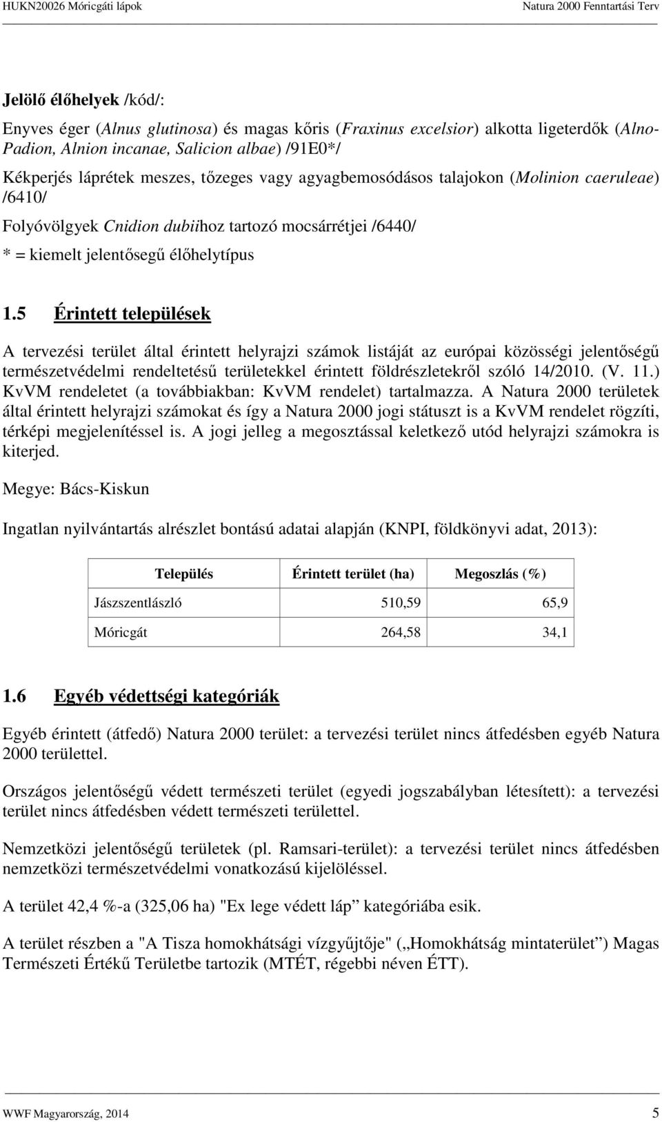 5 Érintett települések A tervezési terület által érintett helyrajzi számok listáját az európai közösségi jelentőségű természetvédelmi rendeltetésű területekkel érintett földrészletekről szóló 14/2010.