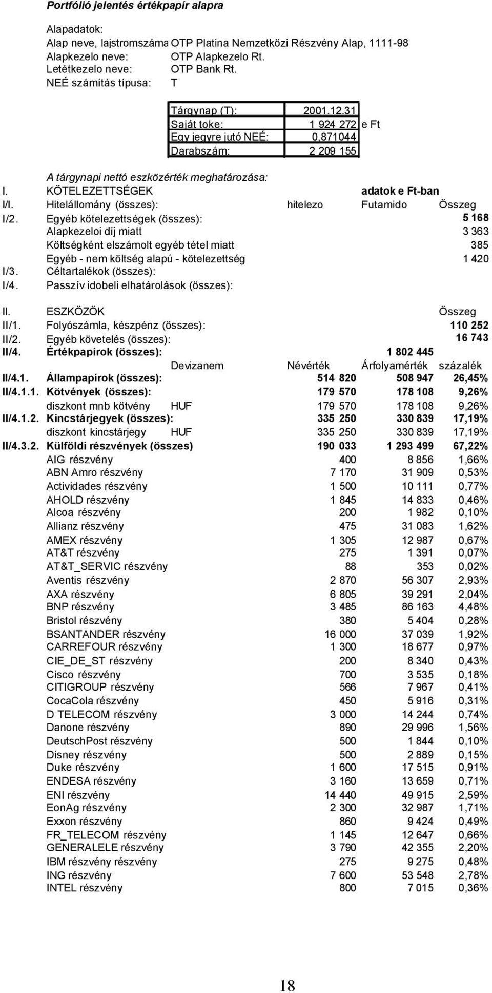 KÖTELEZETTSÉGEK adatok e Ft-ban I/I. Hitelállomány (összes): hitelezo Futamido Összeg I/2.