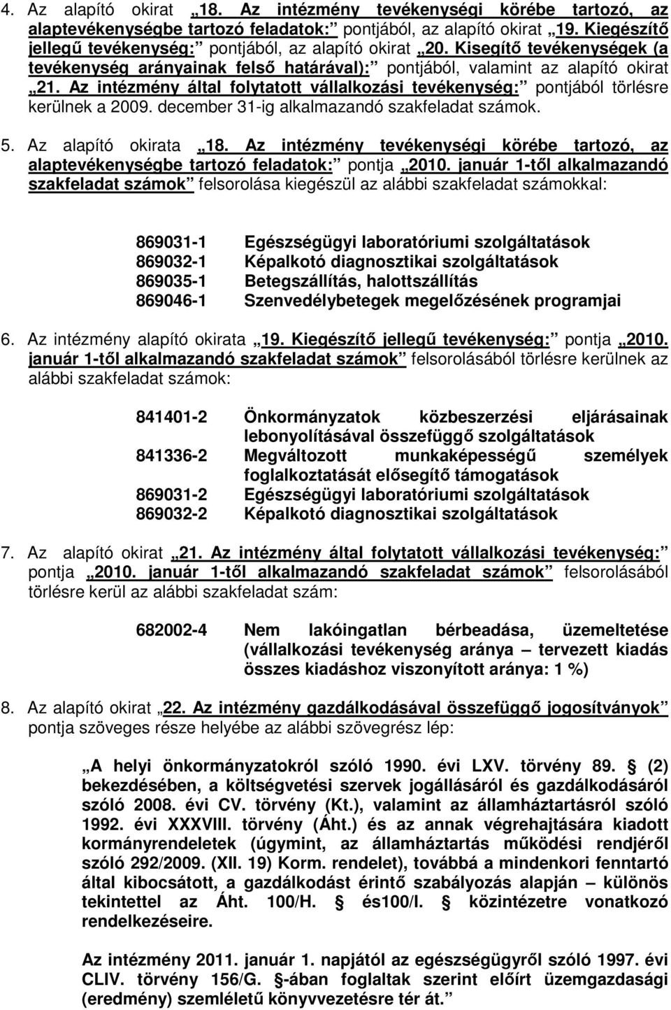 Az intézmény által folytatott vállalkozási tevékenység: pontjából törlésre kerülnek a 2009. december 31-ig alkalmazandó szakfeladat számok. 5. Az alapító okirata 18.