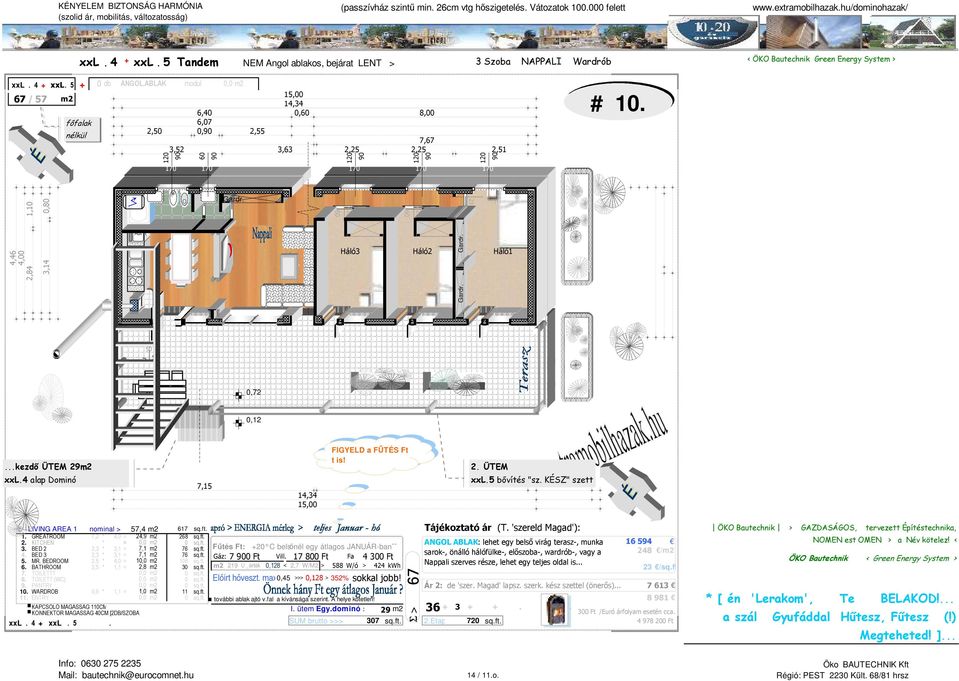 ..kezdő ÜTEM 29m2 xxl.4 alap Dominó 7,15 14,34 15,00 2. ÜTEM xxl.5 bővítés "sz. KÉSZ" szett Σ LIVING AREA 1 nominal > 57,4 m2 617 sq.ft. 1. GREATROOM 7,2 * 4,0 = 24,9 m2 268 sq.ft. 2. KITCHEN * = 0,0 m2 0 sq.