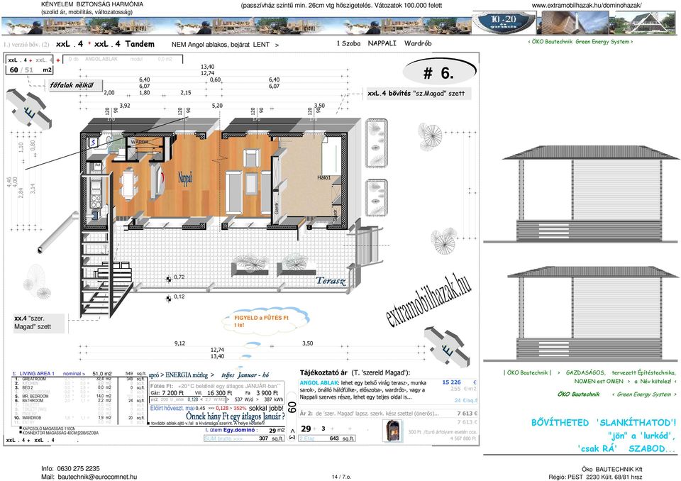 4 "szer. Magad" szett 9,12 3, 12,74 13,40 Σ LIVING AREA 1 nominal > 51,0 m2 549 sq.ft. 1. GREATROOM 9,1 * 4,0 = 32,4 m2 349 sq.ft. 2. KITCHEN 2,0 * 0,0 = 0,0 m2 0 sq.ft. ANGOL ABLAK: lehet egy belső virág terasz-, munka 15 226 3.