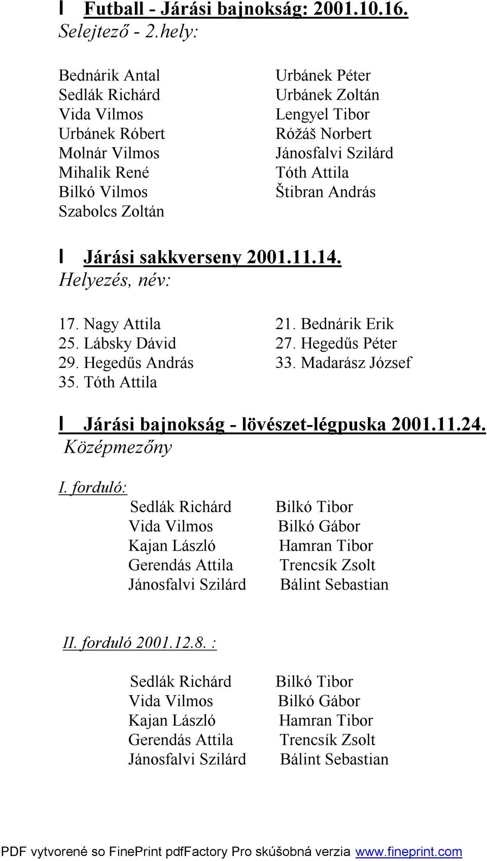 Attila Štibran András l Járási sakkverseny 2001.11.14. Helyezés, név: 17. Nagy Attila 21. Bednárik Erik 25. Lábsky Dávid 27. Hegedűs Péter 29. Hegedűs András 33. Madarász József 35.