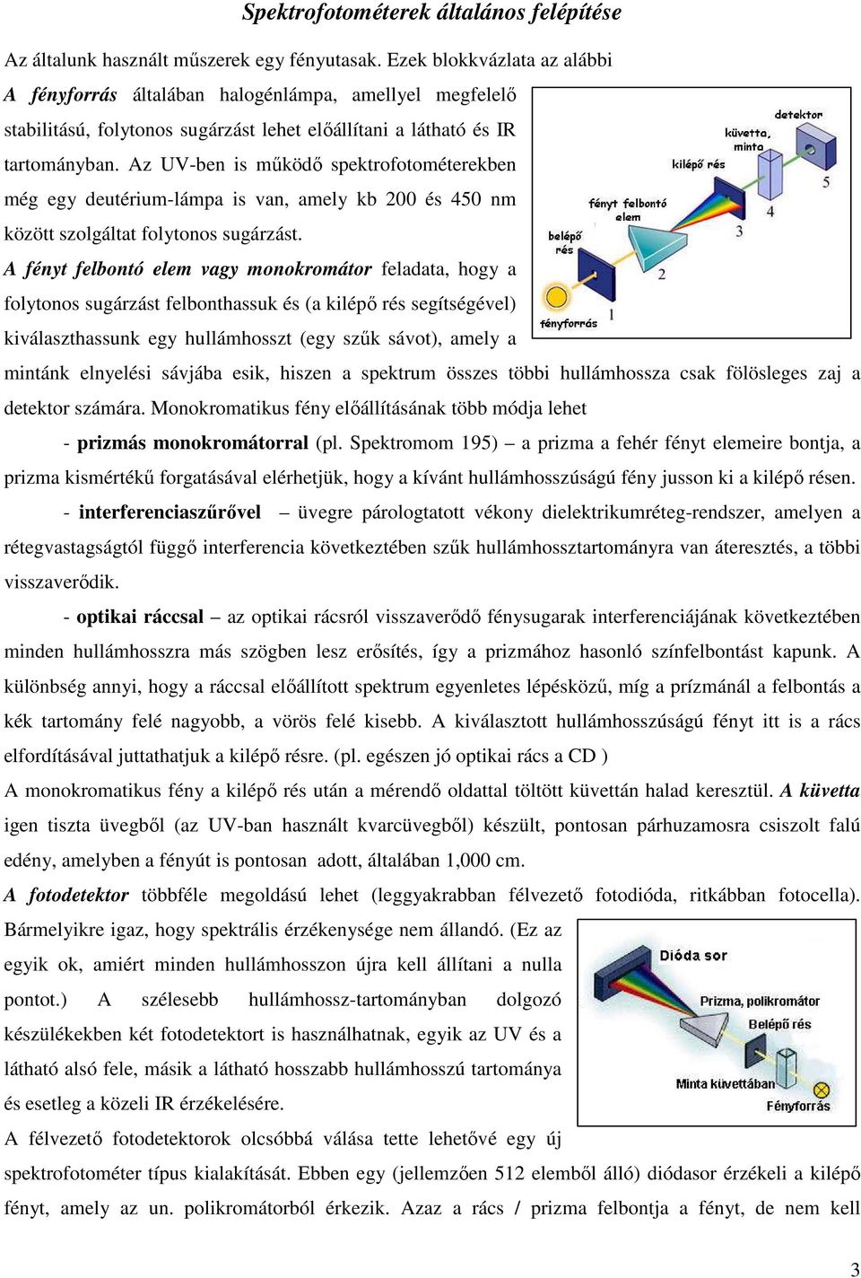 Az UV-ben is mőködı spektrofotométerekben még egy deutérium-lámpa is van, amely kb 200 és 450 nm között szolgáltat folytonos sugárzást.