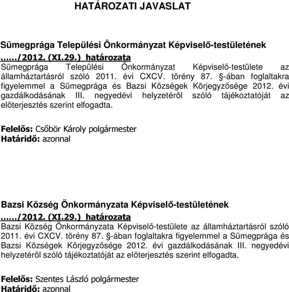 Felelős: Csőbör Károly polgármester Határidő: azonnal Bazsi Község Önkormányzata Képviselő-testületének /212. (XI.29.