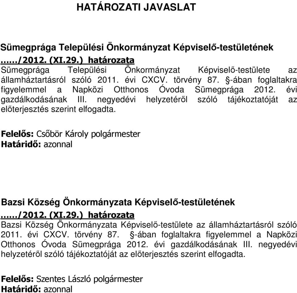 Felelős: Csőbör Károly polgármester Határidő: azonnal Bazsi Község Önkormányzata Képviselő-testületének /212. (XI.29.