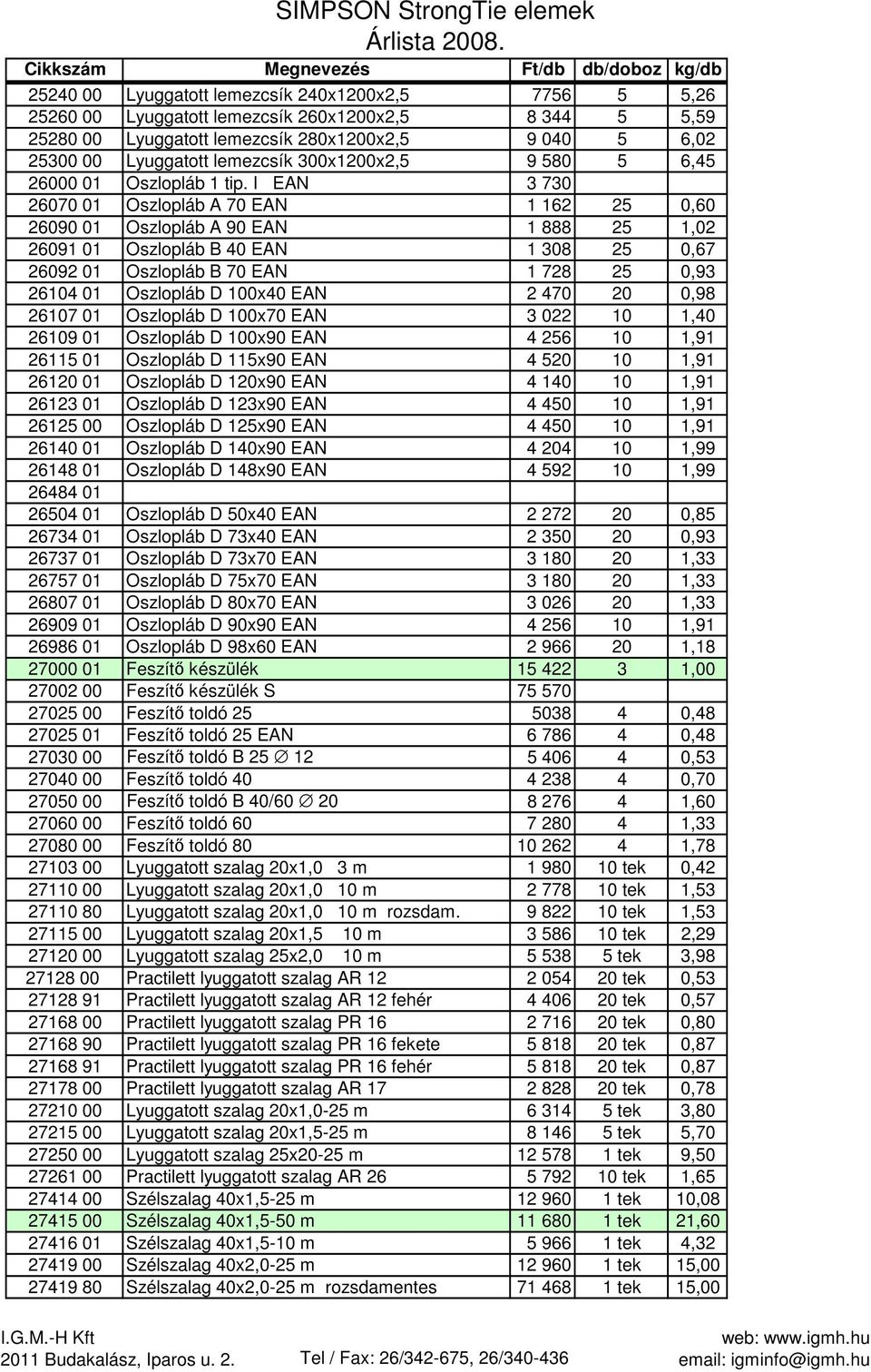 I EAN 3 730 26070 01 Oszlopláb A 70 EAN 1 162 25 0,60 26090 01 Oszlopláb A 90 EAN 1 888 25 1,02 26091 01 Oszlopláb B 40 EAN 1 308 25 0,67 26092 01 Oszlopláb B 70 EAN 1 728 25 0,93 26104 01 Oszlopláb