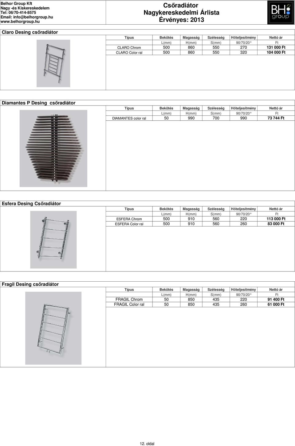 Desing ESFERA Chrom 500 910 560 220 113 000 Ft ESFERA Color ral 500 910 560 260 83 000 Ft Fragil