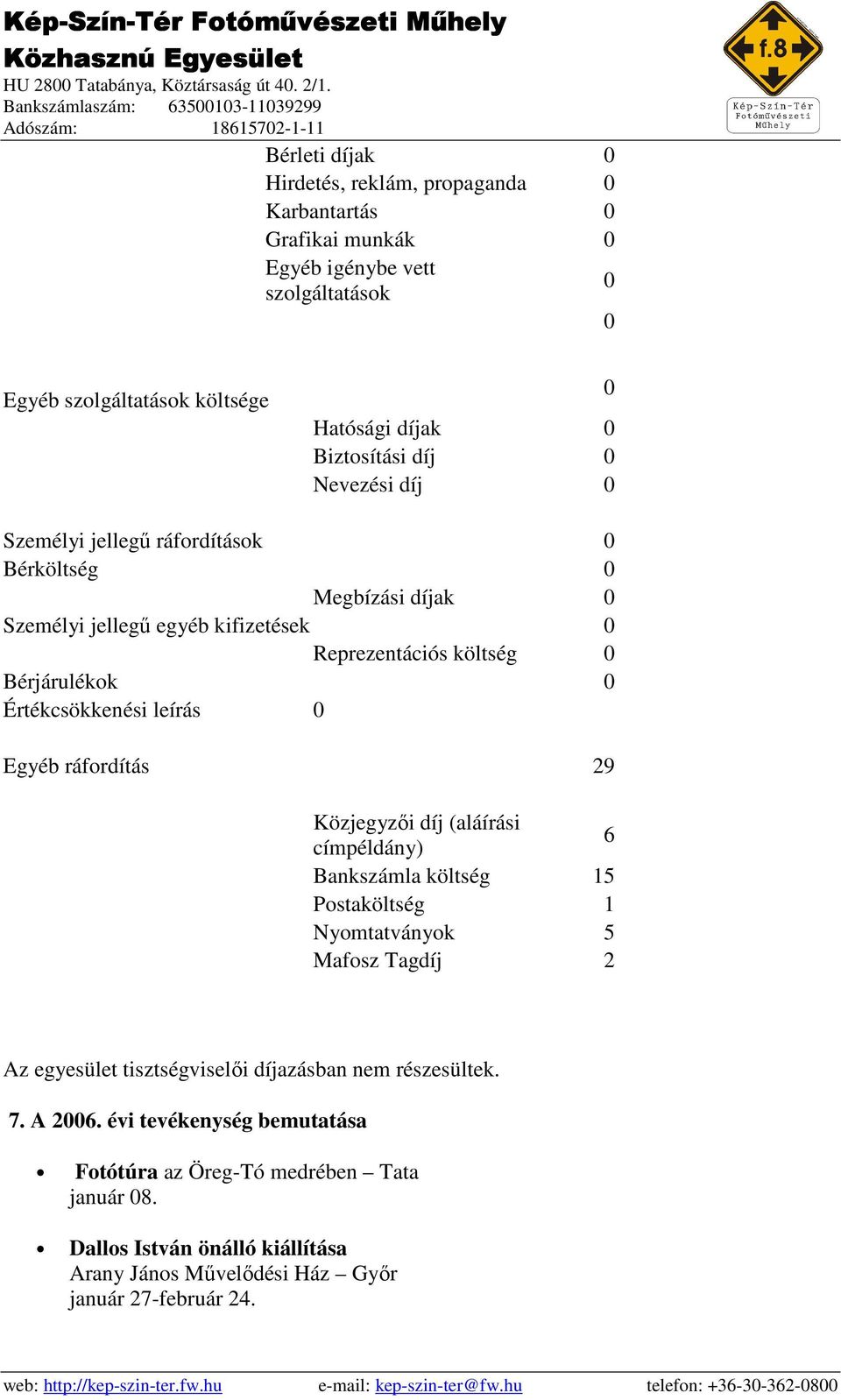 leírás 0 Egyéb ráfordítás 29 Közjegyzıi díj (aláírási címpéldány) 6 Bankszámla költség 15 Postaköltség 1 Nyomtatványok 5 Mafosz Tagdíj 2 Az egyesület tisztségviselıi díjazásban