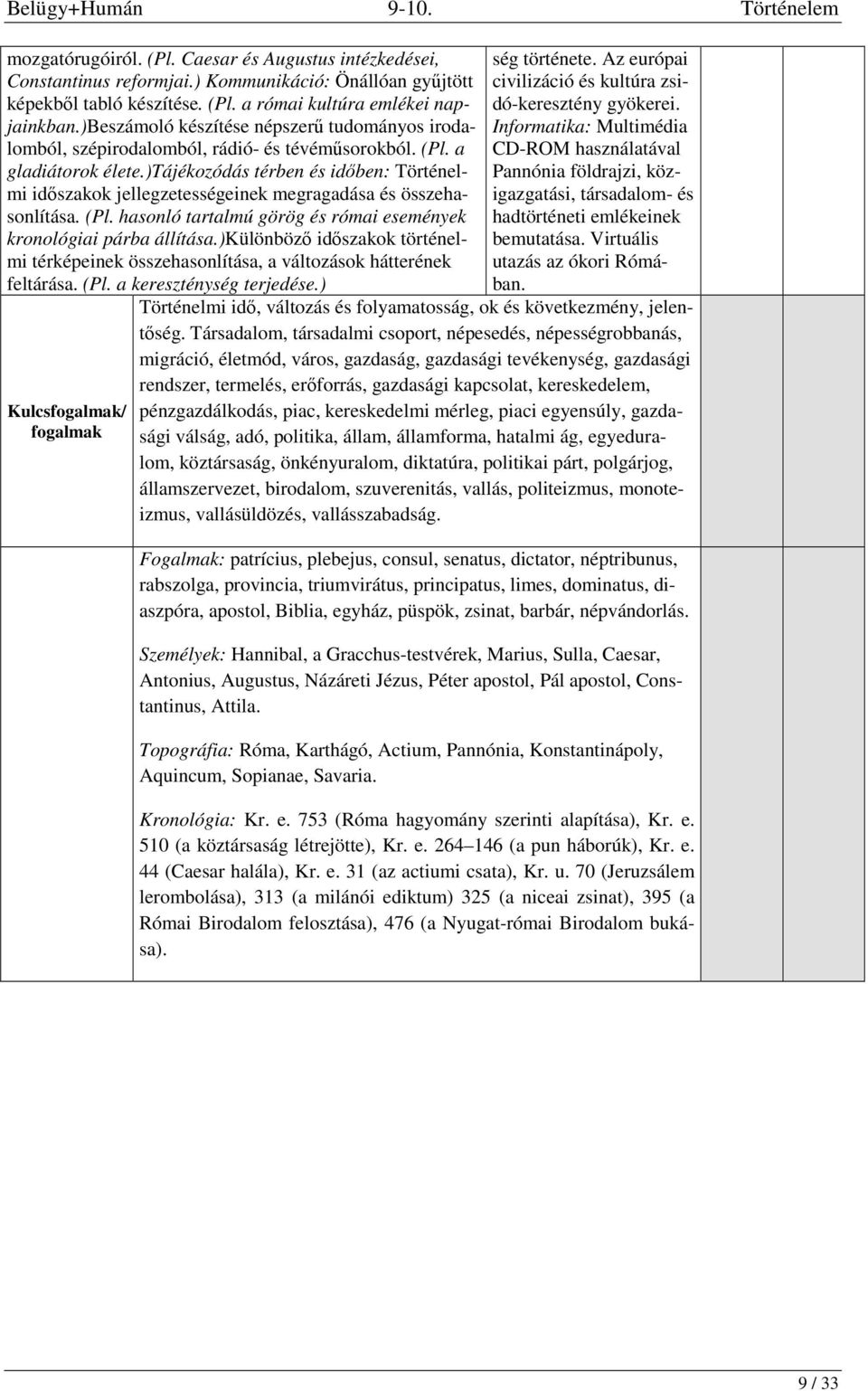 )tájékozódás térben és időben: Történelmi időszakok jellegzetességeinek megragadása és összehasonlítása. (Pl. hasonló tartalmú görög és római események kronológiai párba állítása.