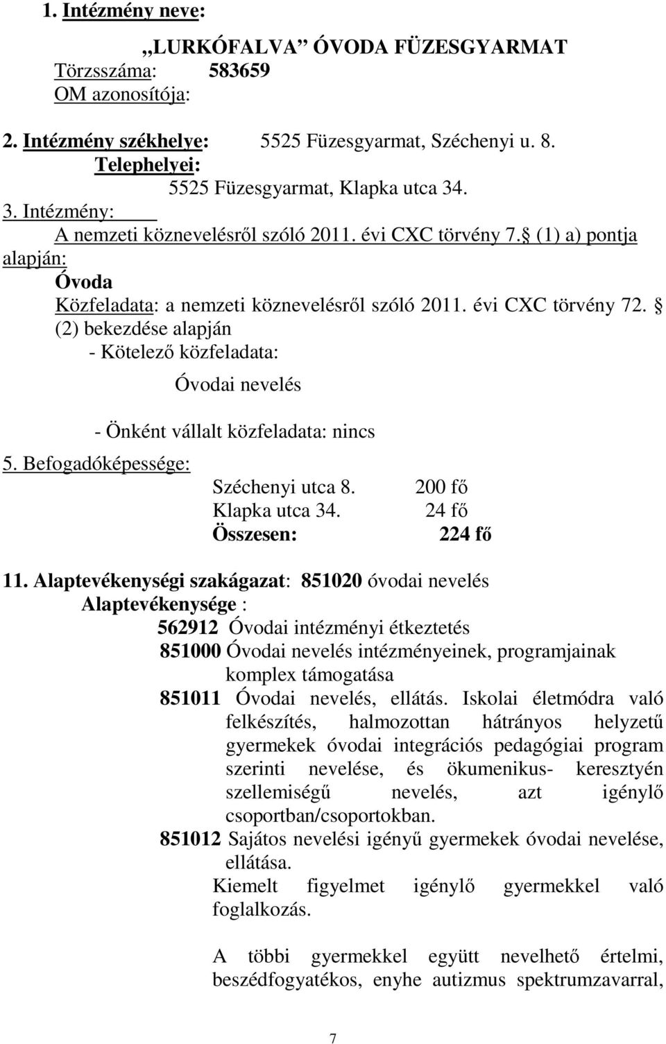 (2) bekezdése alapján - Kötelező közfeladata: Óvodai nevelés - Önként vállalt közfeladata: nincs 5. Befogadóképessége: Széchenyi utca 8. Klapka utca 34. Összesen: 200 fő 24 fő 224 fő 11.