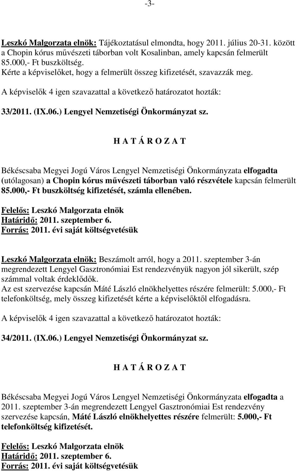 Békéscsaba Megyei Jogú Város Lengyel Nemzetiségi Önkormányzata elfogadta (utólagosan) a Chopin kórus mővészeti táborban való részvétele kapcsán felmerült 85.