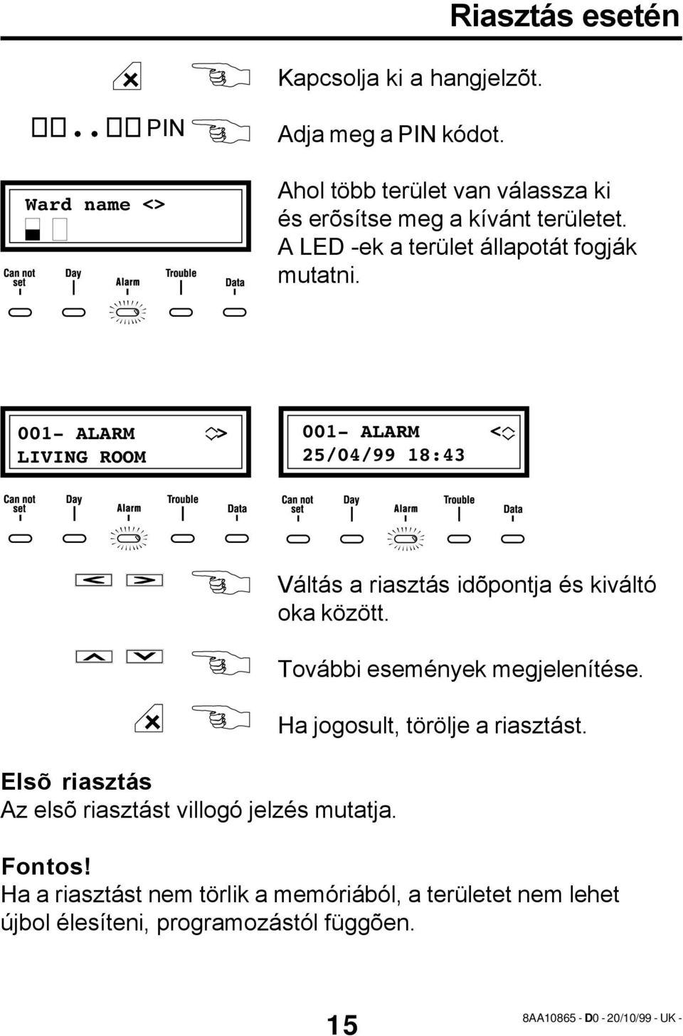 001- ALARM > LIVING ROOM 001- ALARM < 25/04/99 18:43 Elsõ riasztás Az elsõ riasztást villogó jelzés mutatja.