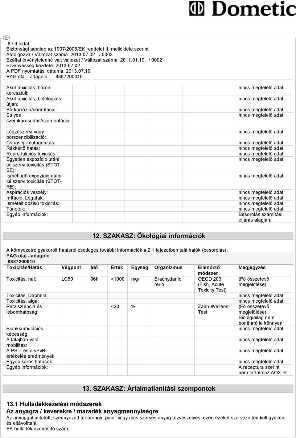 Irritáció, Légutak: Ismételt dózisú toxicitás: Tünetek: Egyéb információk: Besorolás számítási eljárás alapján. 12.