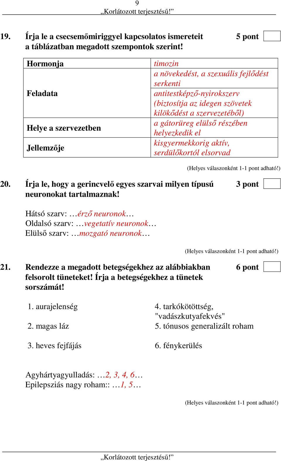 elülső részében helyezkedik el kisgyermekkorig aktív, serdülőkortól elsorvad 20. Írja le, hogy a gerincvelő egyes szarvai milyen típusú 3 pont neuronokat tartalmaznak!