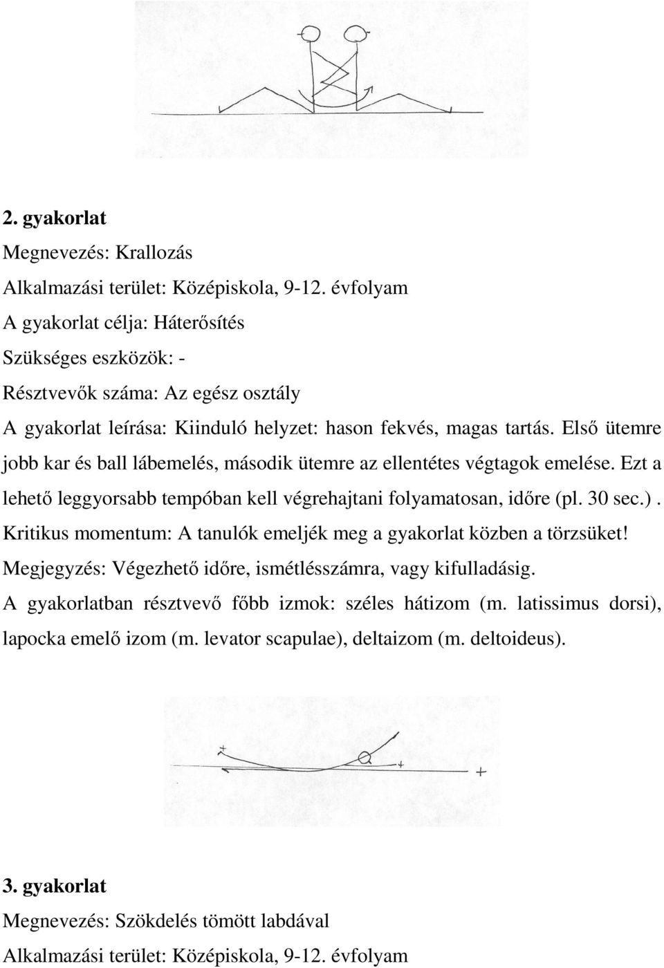 Első ütemre jobb kar és ball lábemelés, második ütemre az ellentétes végtagok emelése. Ezt a lehető leggyorsabb tempóban kell végrehajtani folyamatosan, időre (pl. 30 sec.).