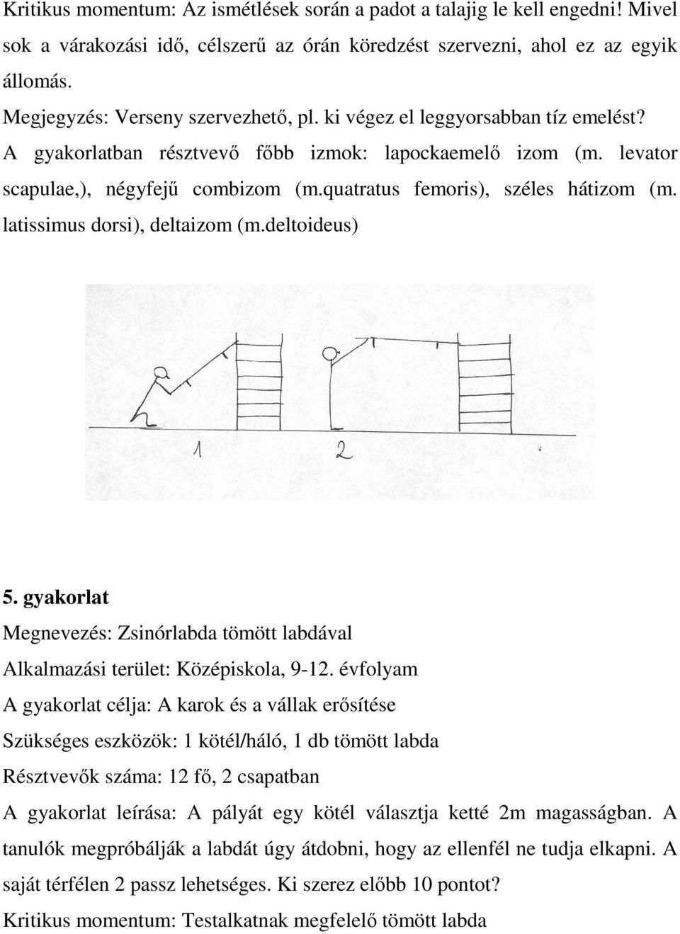 quatratus femoris), széles hátizom (m. latissimus dorsi), deltaizom (m.deltoideus) 5. gyakorlat Megnevezés: Zsinórlabda tömött labdával Alkalmazási terület: Középiskola, 9-12.