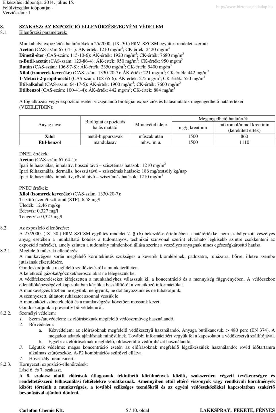 n-butil-acetát (CAS-szám: 123-86-4): ÁK-érték: 950 mg/m 3 ; CK-érték: 950 mg/m 3 Bután (CAS-szám: 106-97-8): ÁK-érték: 2350 mg/m 3 ; CK-érték: 9400 mg/m 3 Xilol (izomerek keveréke) (CAS-szám: