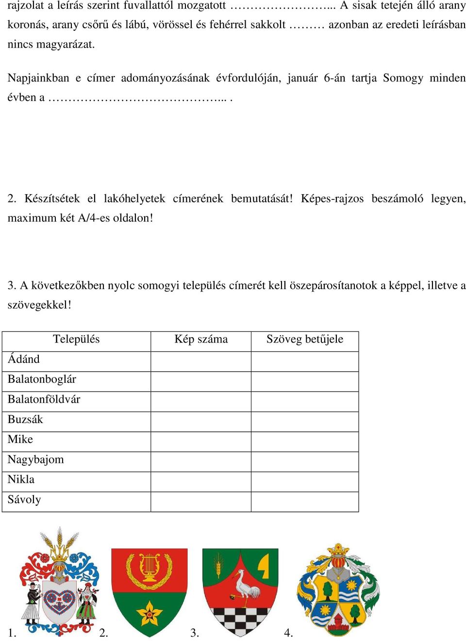 Napjainkban e címer adományozásának évfordulóján, január 6-án tartja Somogy minden évben a.... 2. Készítsétek el lakóhelyetek címerének bemutatását!