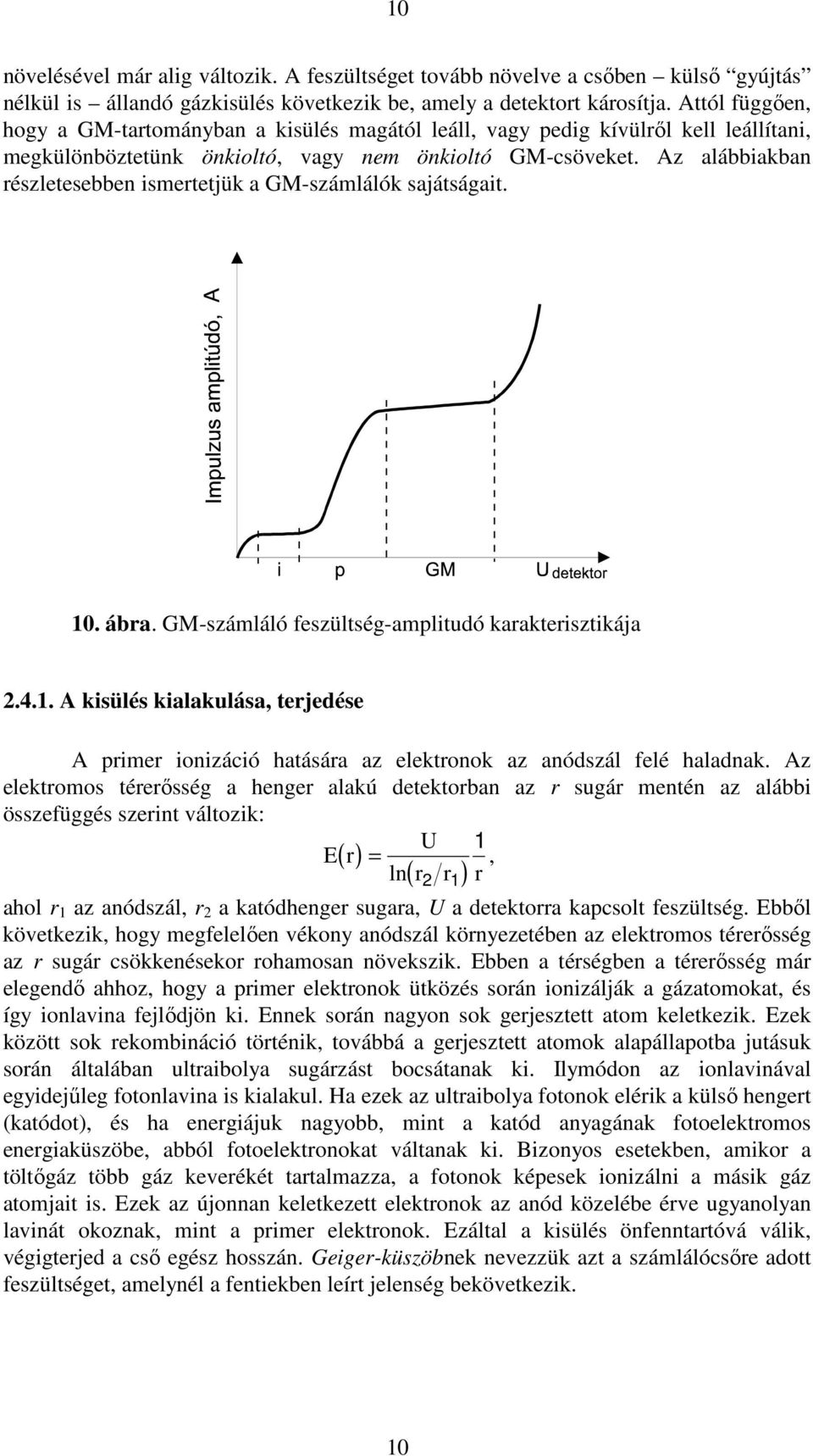 Az alábbiakban részletesebben ismertetjük a GM-számlálók sajátságait. 10. ábra. GM-számláló feszültség-amplitudó karakterisztikája 2.4.1. A kisülés kialakulása, terjedése A primer ionizáció hatására az elektronok az anódszál felé haladnak.