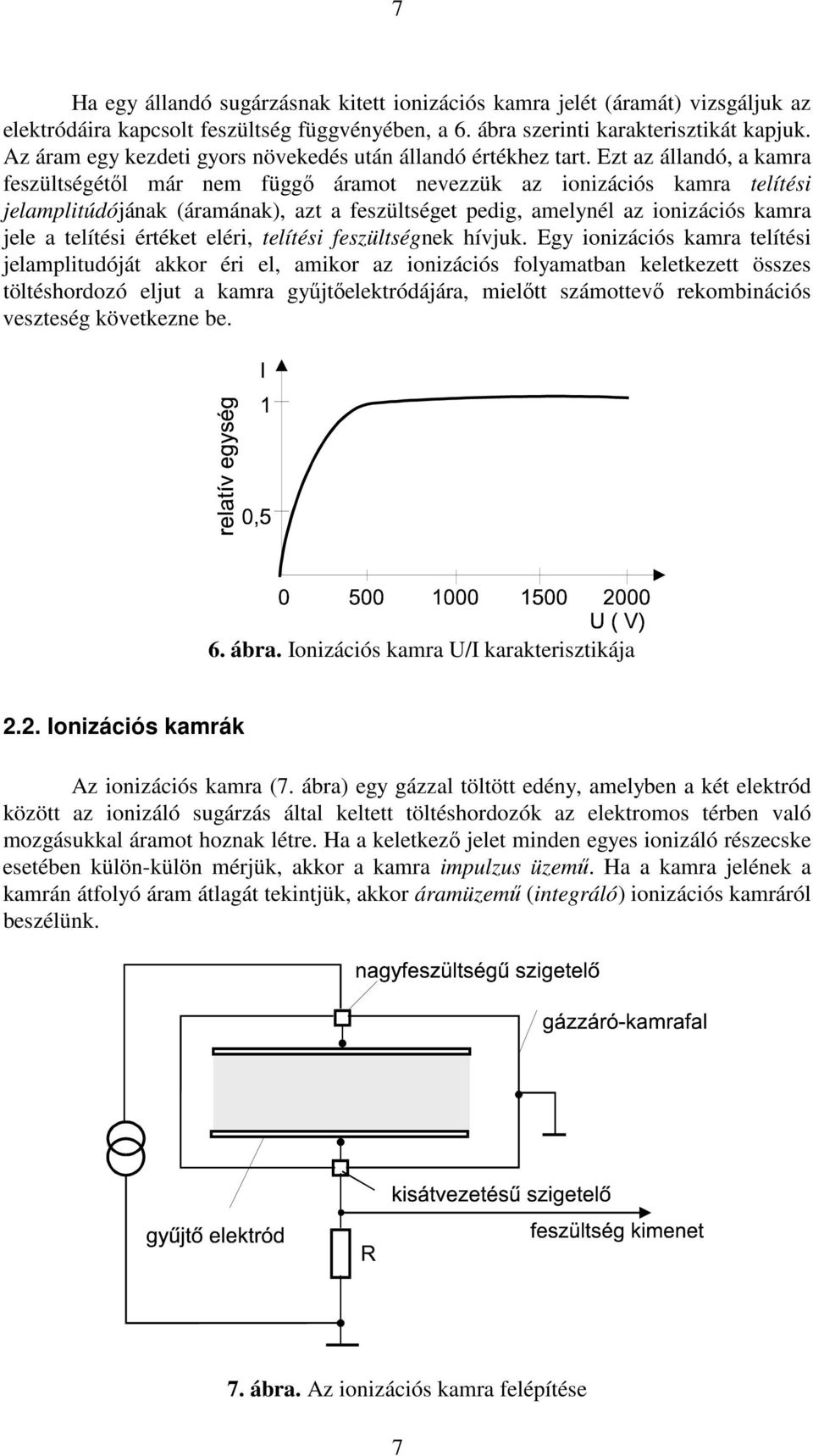 Ezt az állandó, a kamra feszültségétıl már nem függı áramot nevezzük az ionizációs kamra telítési jelamplitúdójának (áramának), azt a feszültséget pedig, amelynél az ionizációs kamra jele a telítési