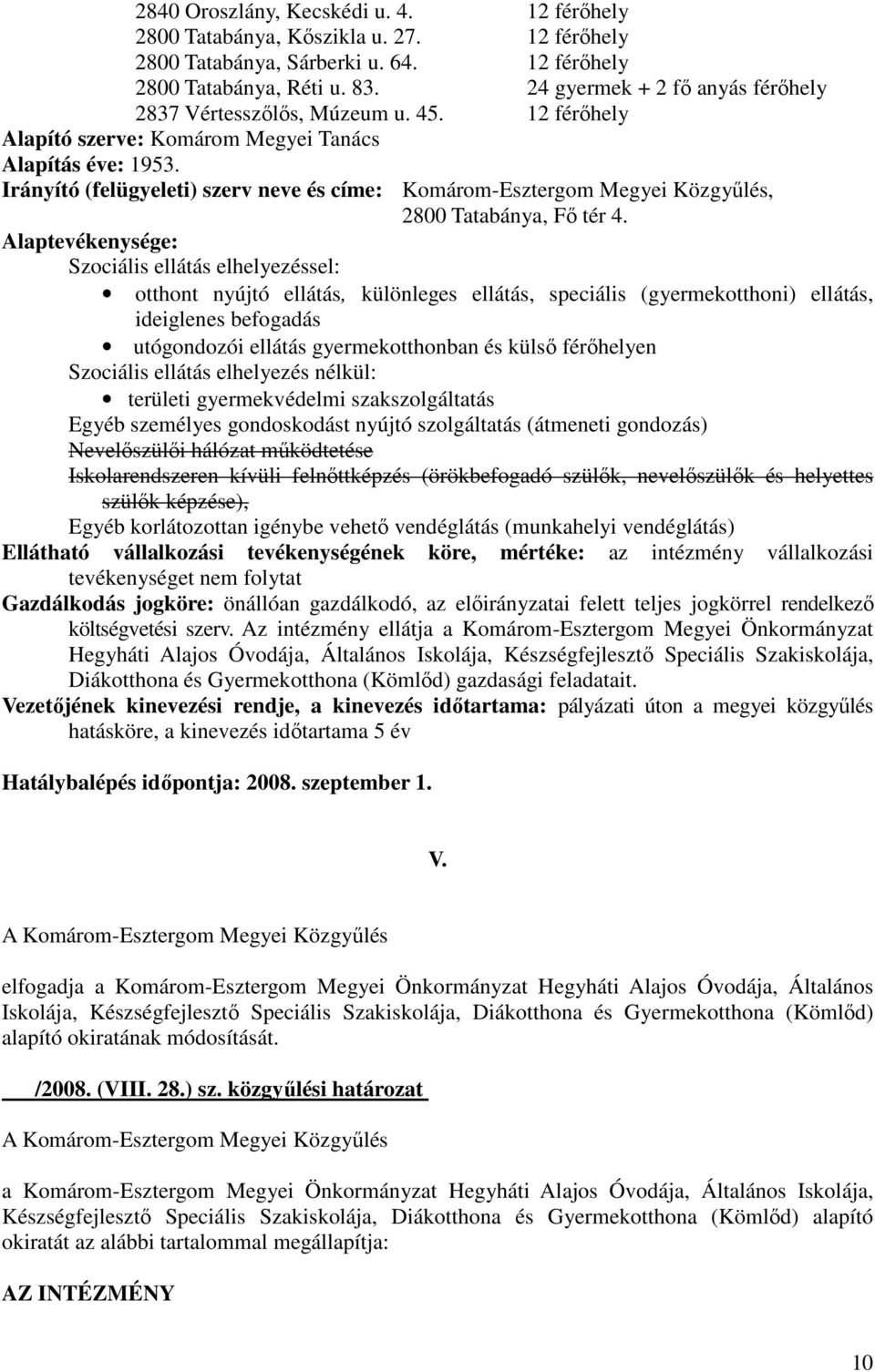 Irányító (felügyeleti) szerv neve és címe: Komárom-Esztergom Megyei Közgyőlés, Alaptevékenysége: Szociális ellátás elhelyezéssel: otthont nyújtó ellátás, különleges ellátás, speciális