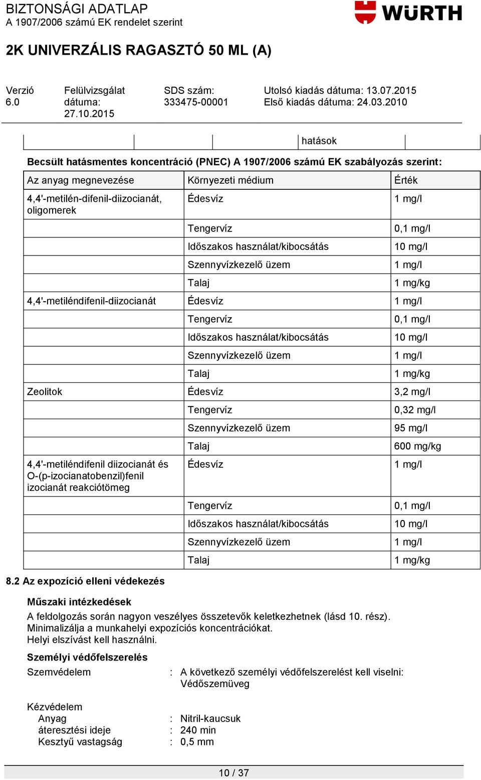 Szennyvízkezelő üzem Talaj 0,1 mg/l 10 mg/l 1 mg/l 1 mg/kg Zeolitok Édesvíz 3,2 mg/l 4,4'-metiléndifenil diizocianát és O-(p-izocianatobenzil)fenil izocianát reakciótömeg 8.
