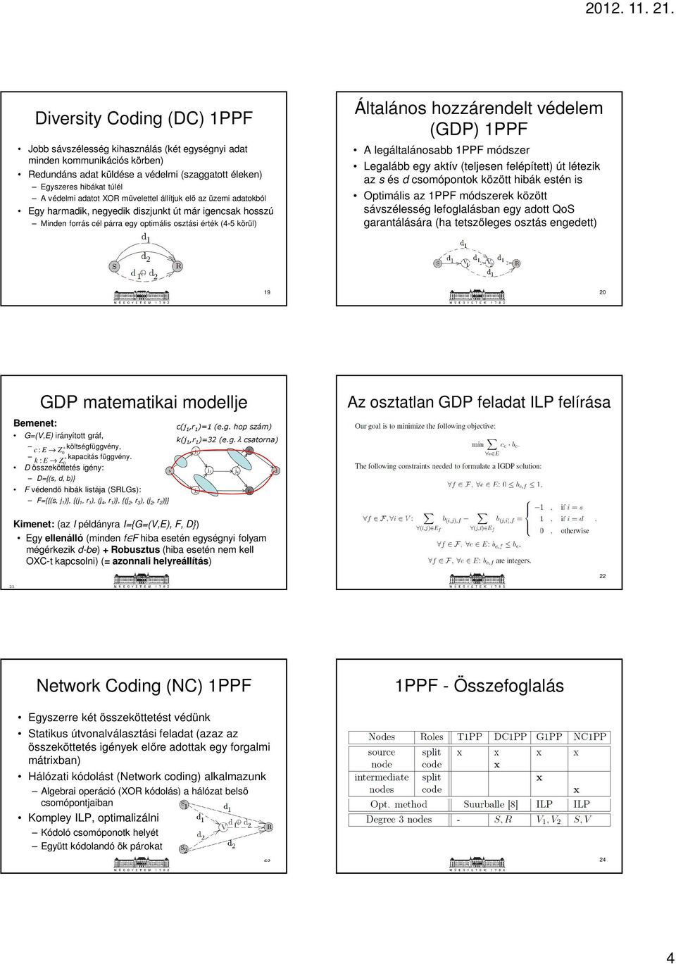 védelem (GDP) PPF A legáltalánosabb PPF módszer Legalább egy aktív (teljesen felépített) út létezik az s és d csomópontok között hibák estén is Optimális az PPF módszerek között sávszélesség