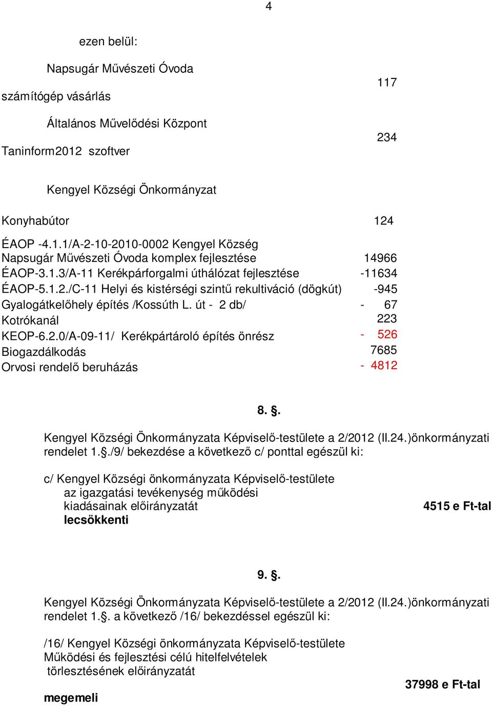 2.0/A-09-11/ Kerékpártároló építés önrész - 526 Biogazdálkodás 7685 Orvosi rendelő beruházás - 4812 8.. rendelet 1.