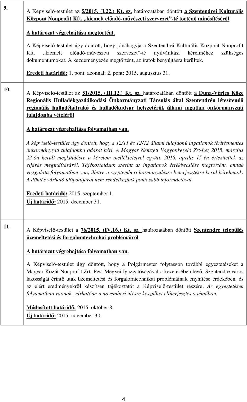 kiemelt előadó-művészeti szervezet -té nyilvánítási kérelméhez szükséges dokumentumokat. A kezdeményezés megtörtént, az iratok benyújtásra kerültek. Eredeti határidő: 1. pont: azonnal; 2. pont: 2015.