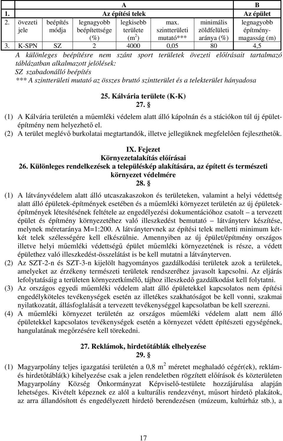 összes bruttó szintterület és a telekterület hányadosa 25. Kálvária területe (K-K) 27.