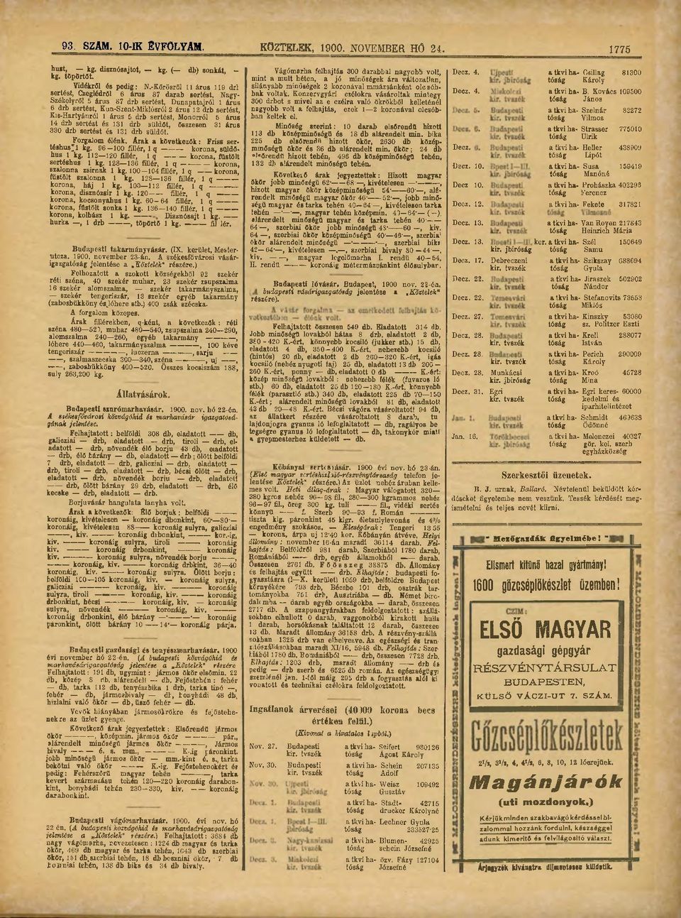 Kis-Hartyánról 1 árus 5 drb sertést, Monorról 5 árus 14 drb sertést és 131 drb süldőt, összesen 31 árus 330 drb sertést és 131 drb süldőt. Forgalom élénk. Arak a következők: Friss sertéshúsul kg.