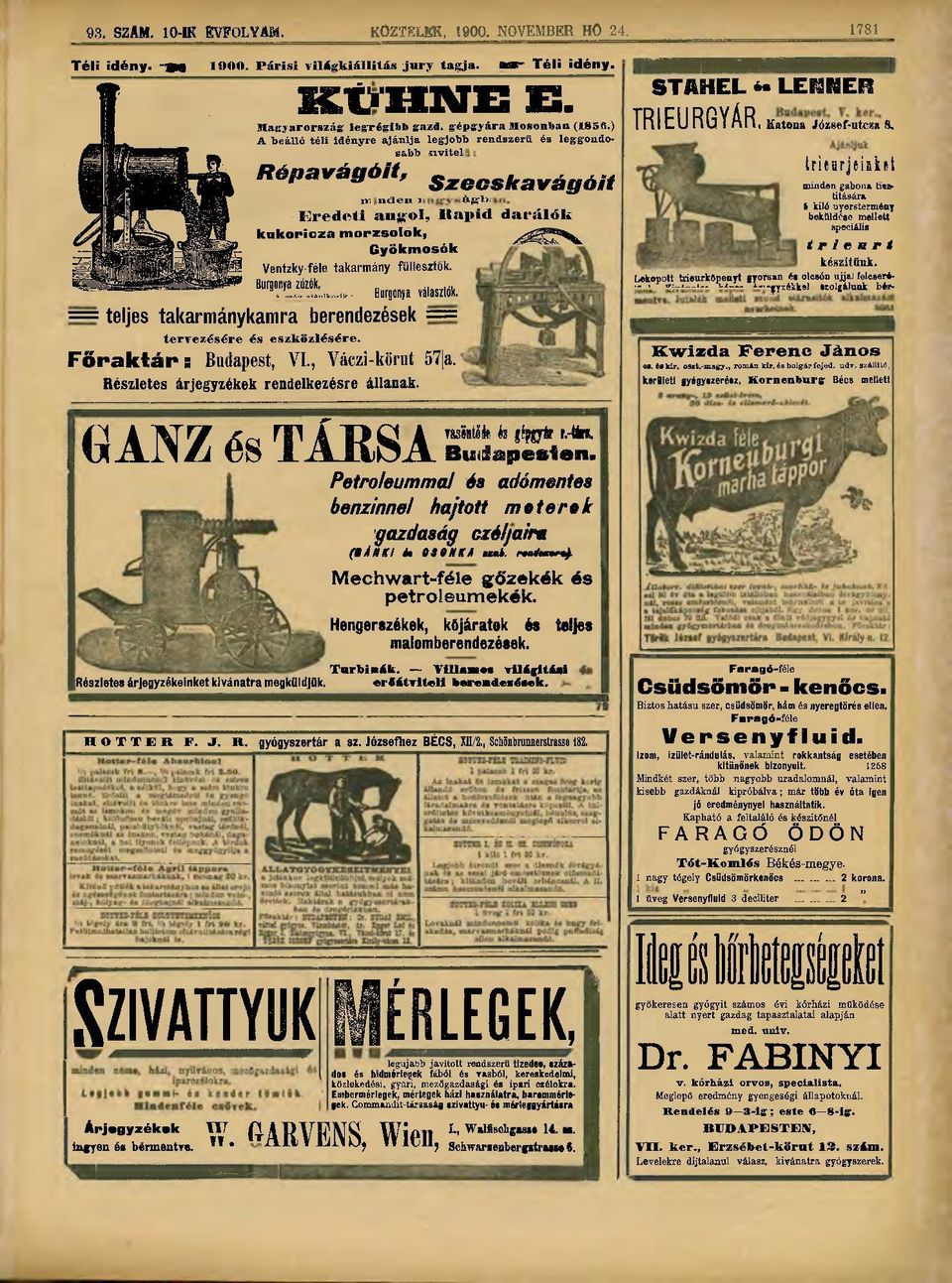 = teljes takarmánykamra ' berendezések Burgonya választók. tervezésére és eszközlésére. = Főraktára Budapest, VI., Yáczi-körnt 57 a. GRészletes A N árjegyzékek Z és rendelkezésre T Á R állanak.