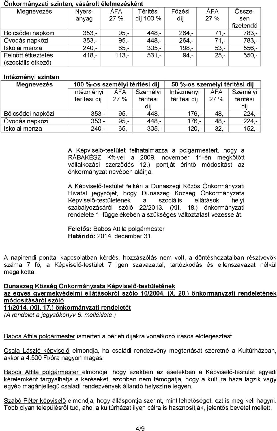 %-os személyi térítési díj 50 %-os személyi térítési díj Intézményi térítési díj ÁFA 27 % Személyi térítési Intézményi térítési díj ÁFA 27 % Személyi térítési díj díj Bölcsődei napközi 353,- 95,-